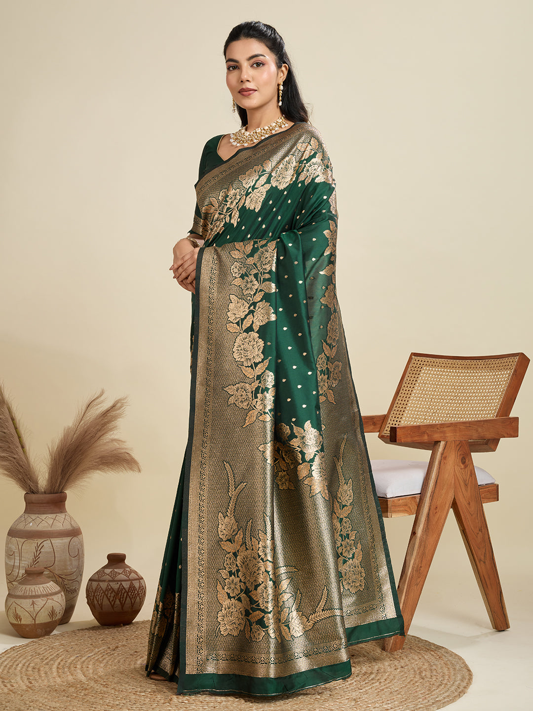 Bottle Green Banarasi Silk Saree with Butti and Floral Border