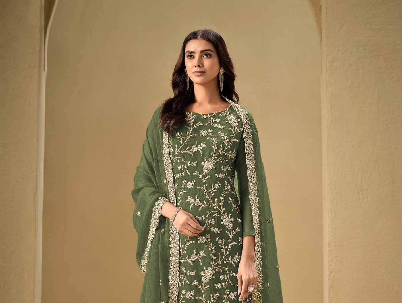 Bottle Green Chinon Designer Suit Set With Elegant Embroidery