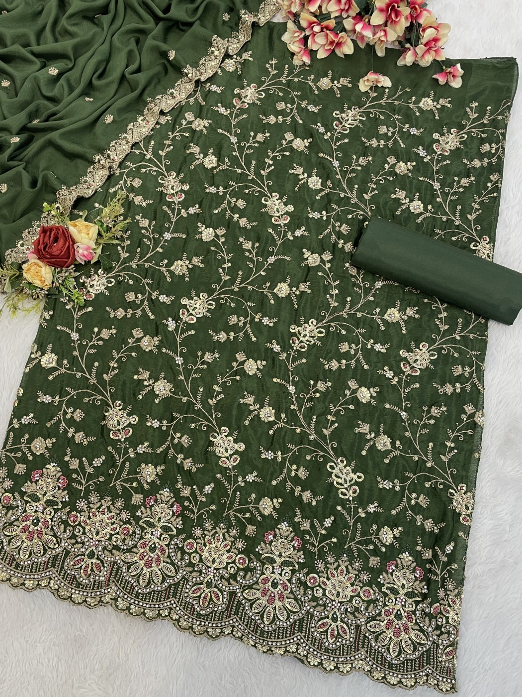 Bottle Green Chinon Designer Suit Set With Elegant Embroidery