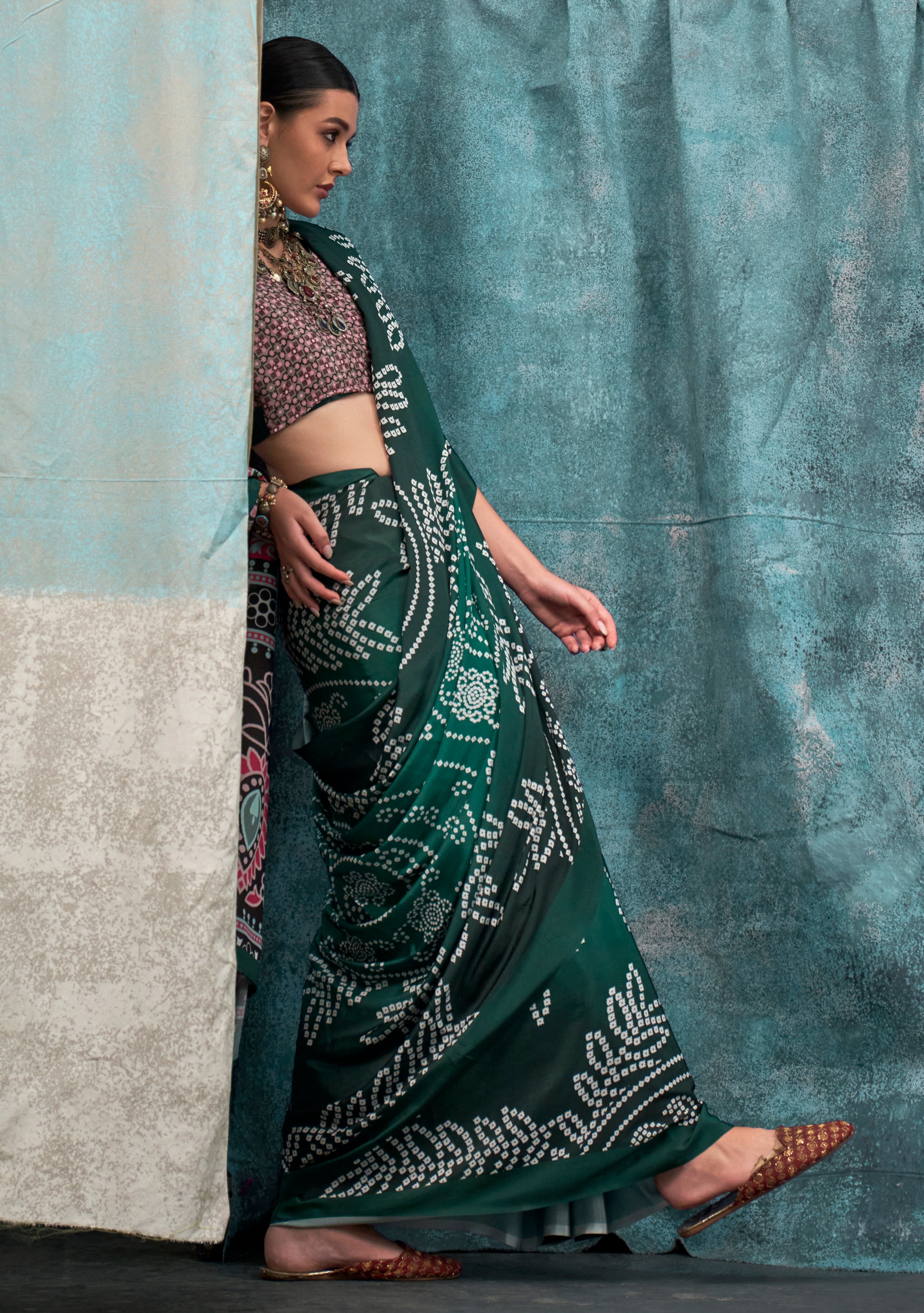 Bottle Green Crape Saree With Digital Print