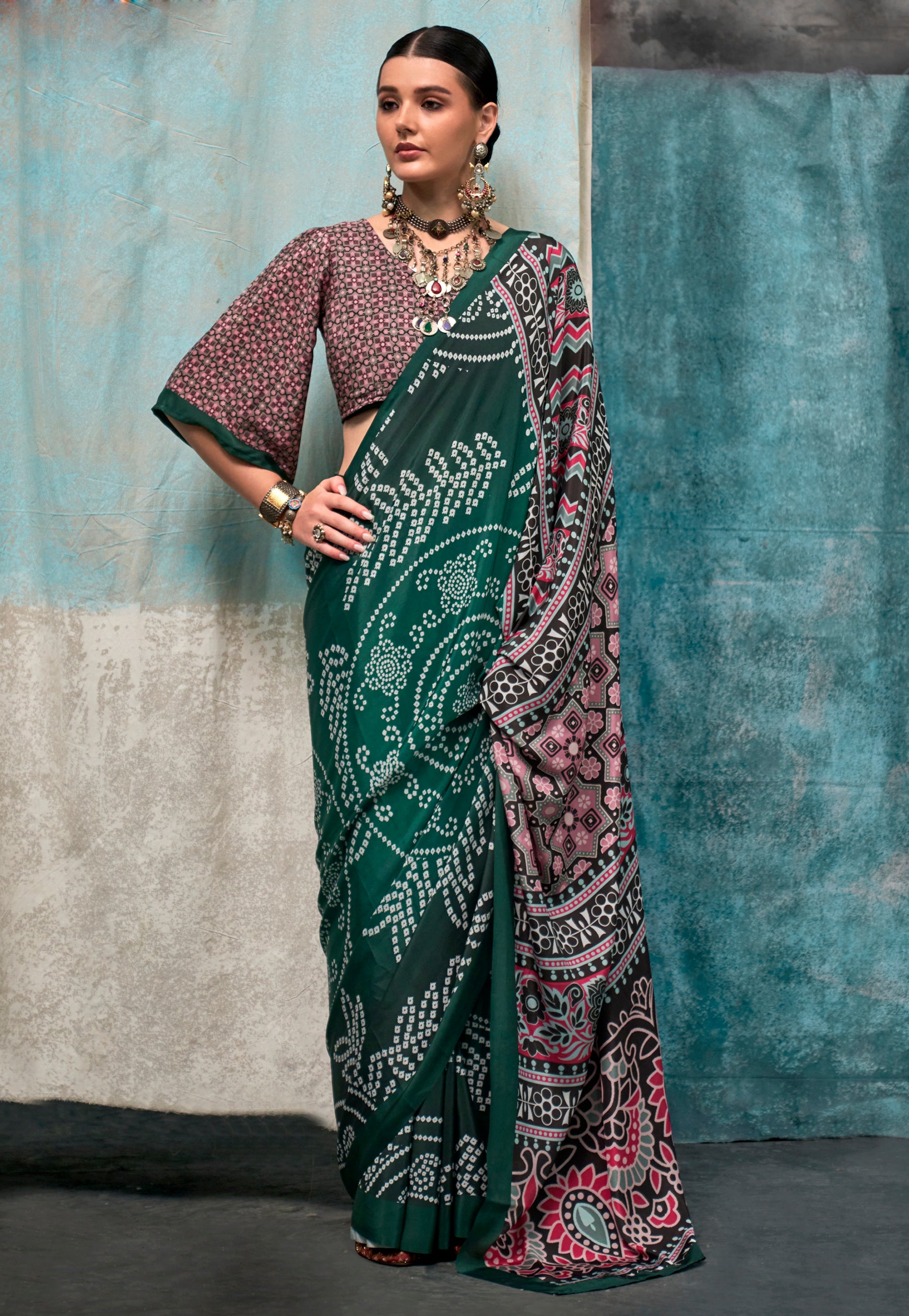 Bottle Green Crape Saree With Digital Print