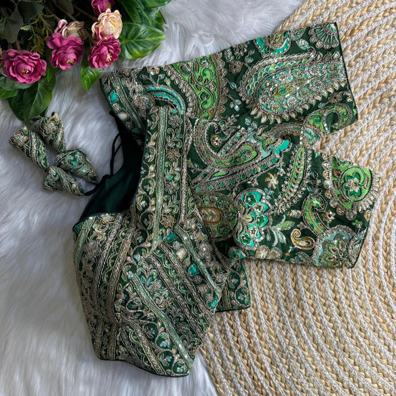 Bottle Green Designer Partywear Crepe Blouse with Heavy Position Embroidery & Sequins Work