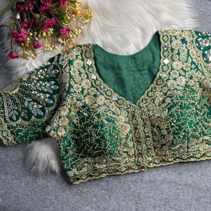 Bottle Green Designer Roman Silk Bridal Blouse with Mayur Mirror Work & Sequence Thread Work, Embroidery & Sequins