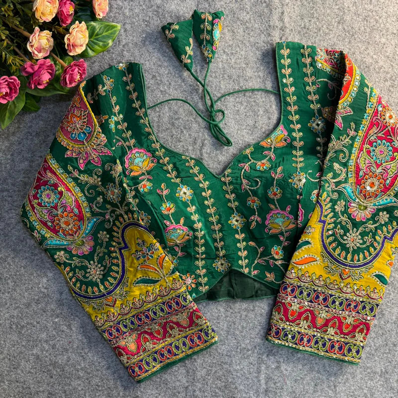 Bottle Green Elegant Heavy Position Work Long Sleeve Blouse Pure Crepe Embroidered & Sequined Partywear