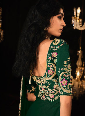 Bottle Green Fancy Fabric Saree With Heavy Thread Embroidery, Zarkan, Stone With Sequins Work