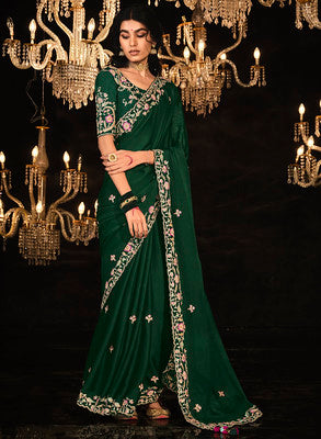 Bottle Green Fancy Fabric Saree With Heavy Thread Embroidery, Zarkan, Stone With Sequins Work