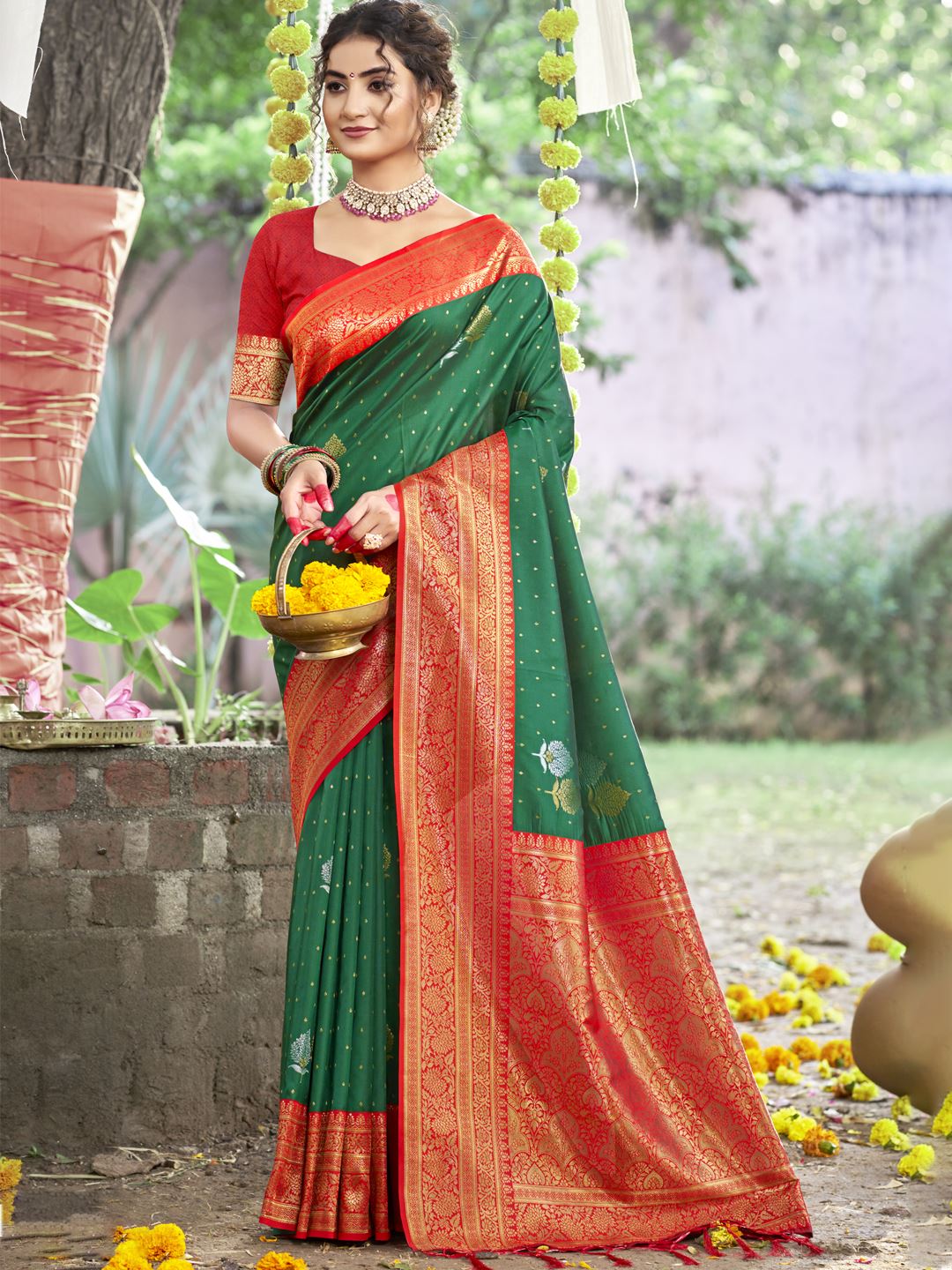 Bottle Green Jacquard Silk Festive Saree