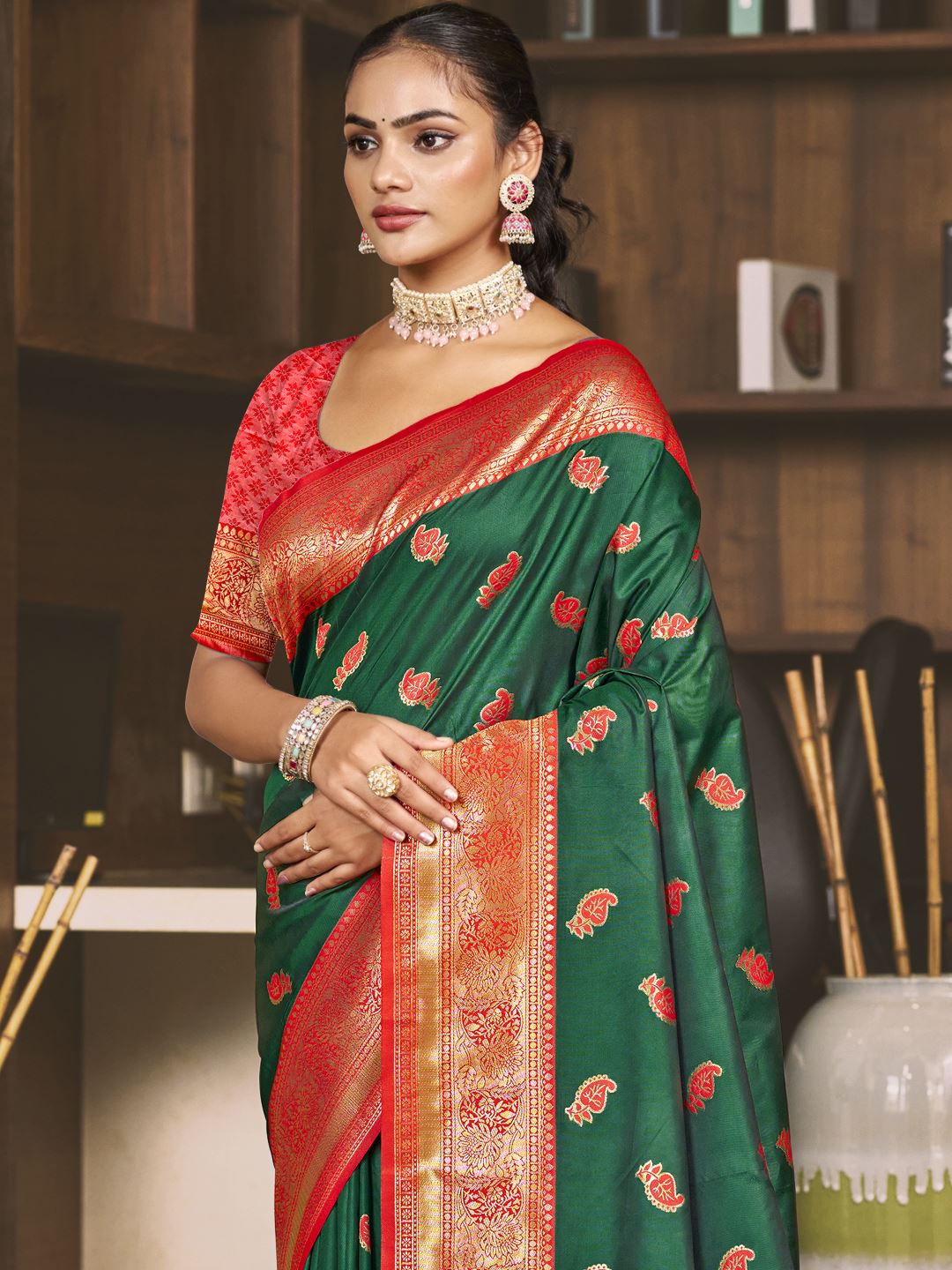 Bottle Green Jacquard Woven Silk Saree