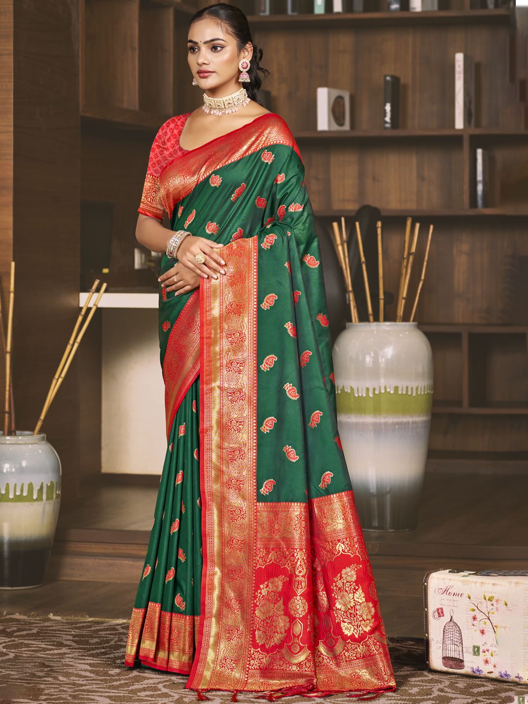 Bottle Green Jacquard Woven Silk Saree