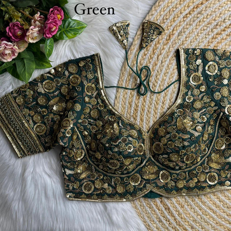Bottle Green Luxury Heavy Beads Bridal Blouse Roman Silk Designer Wedding Wear