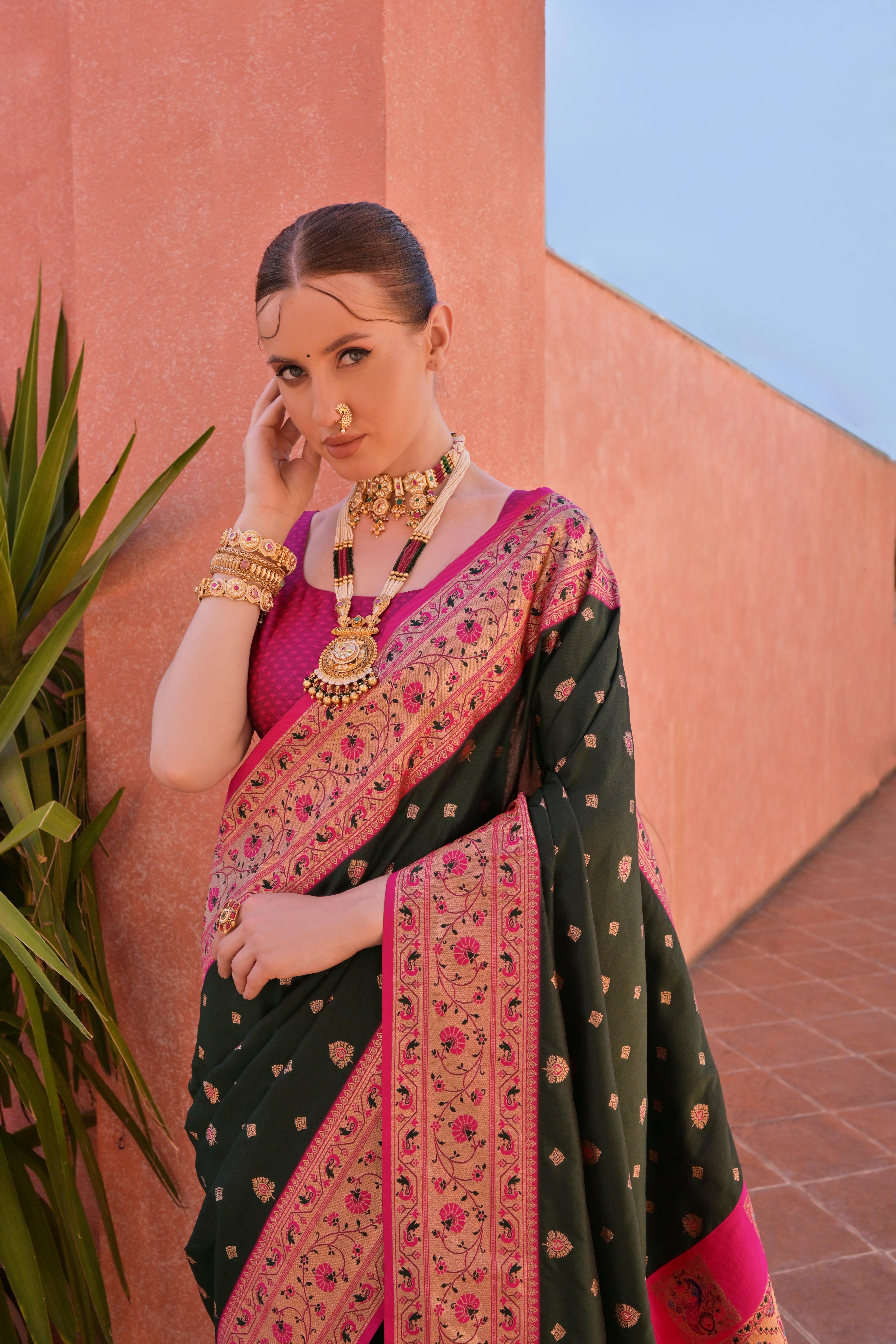 Bottle Green Paithani Silk Saree with Paithani Pallu and Zari Butti