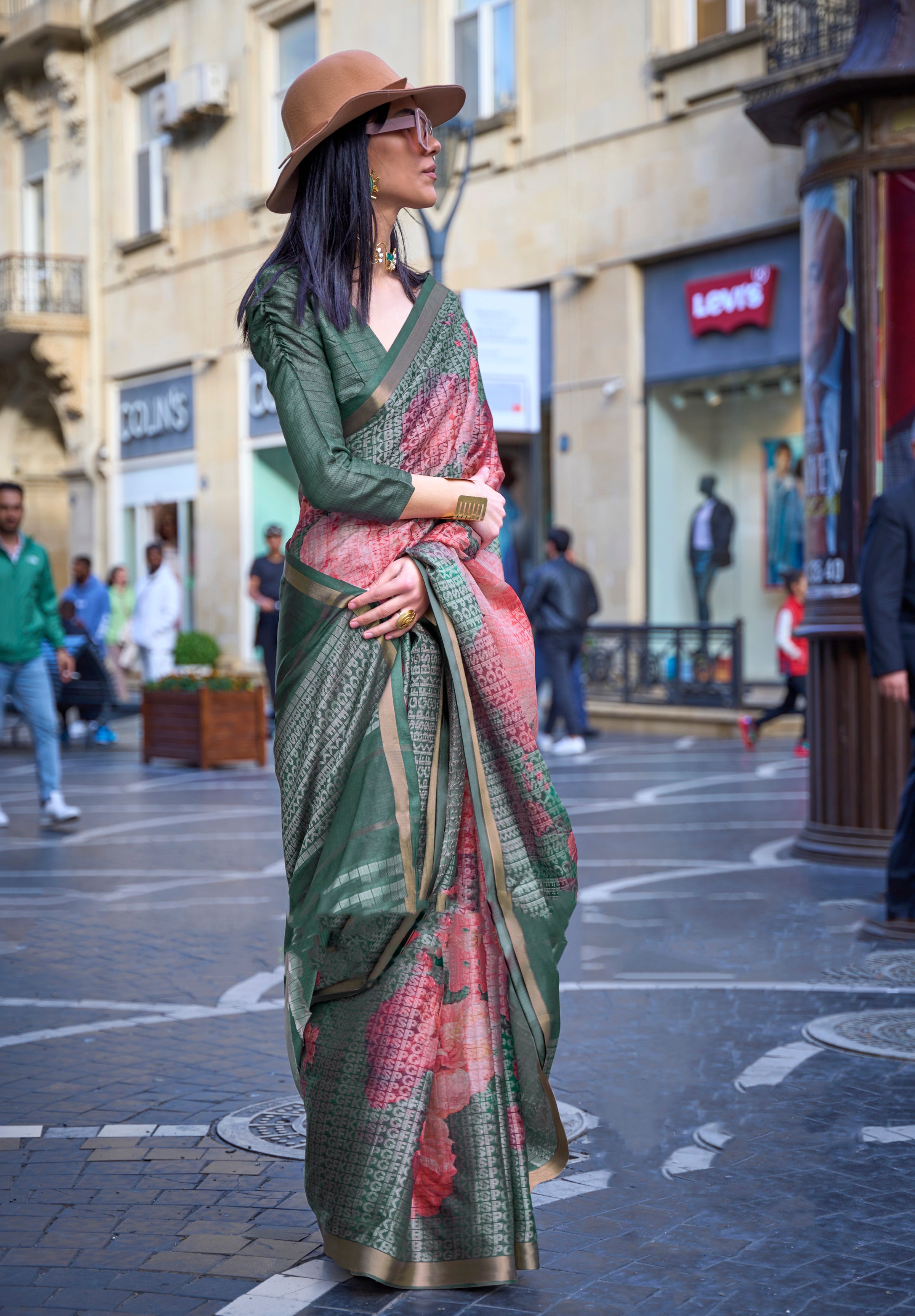 Bottle Green Poly Viscose Saree with Print