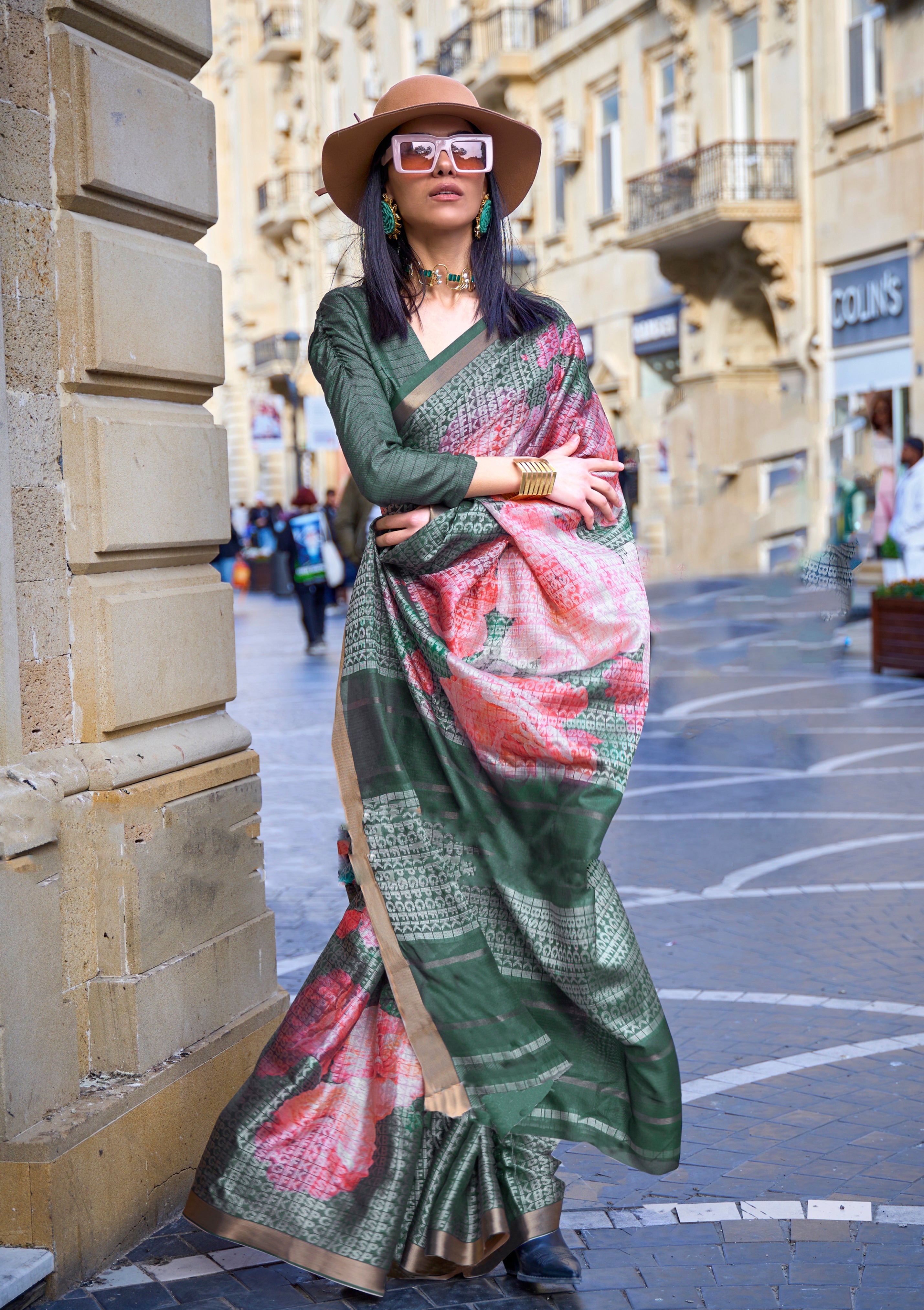 Bottle Green Poly Viscose Saree with Print