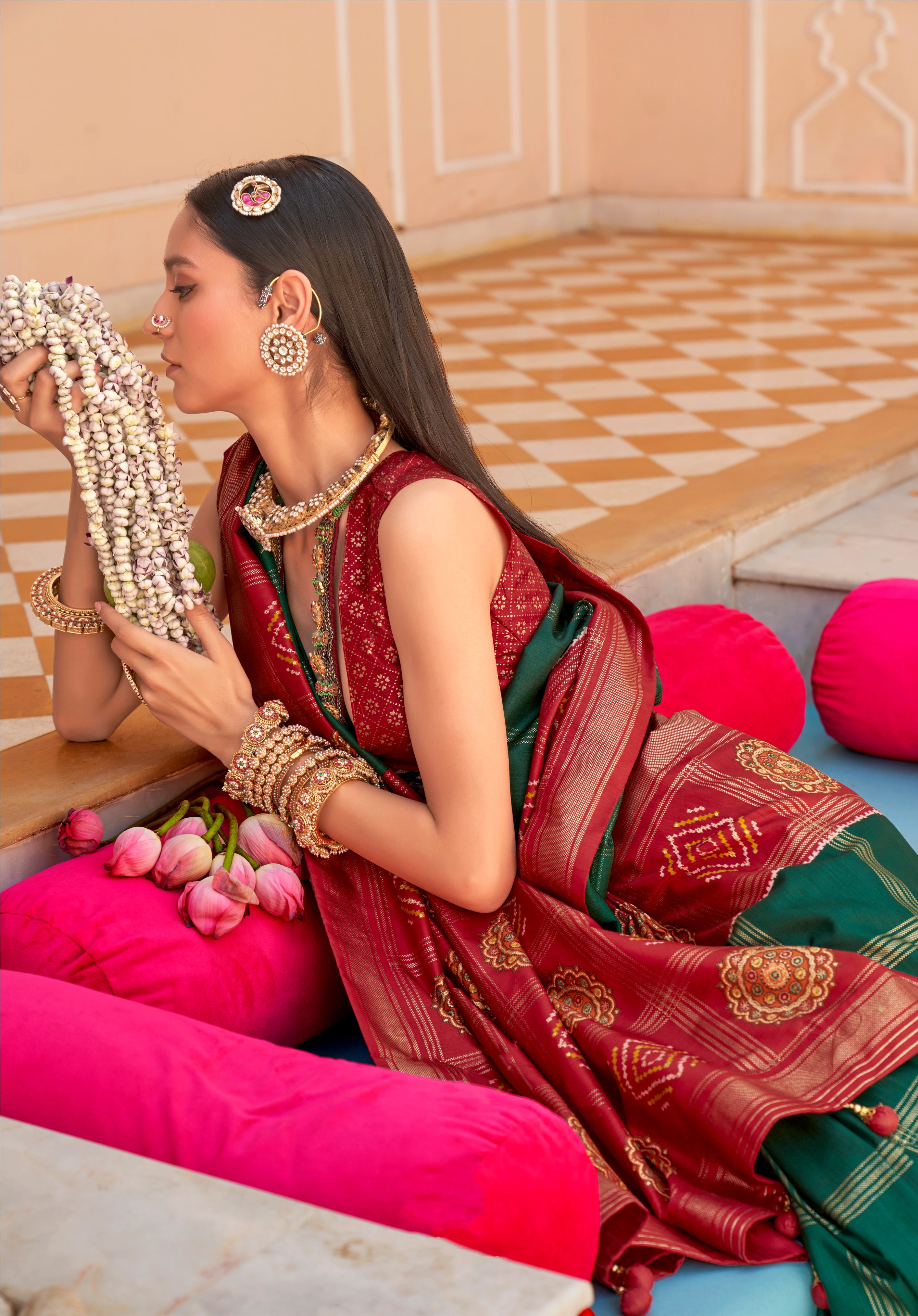 Bottle Green Printed Saree With Jacquared Woven Work