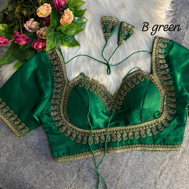 Bottle Green Royal Beads Work Bridal Blouse Italian Silk Designer Couture Wear