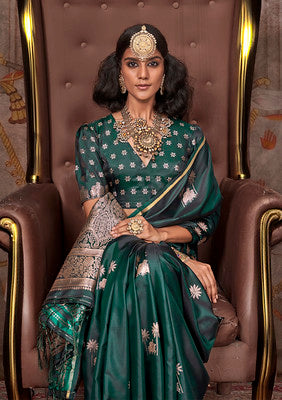 Bottle Green Saree With Jacquard Woven Work