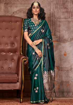 Bottle Green Saree With Jacquard Woven Work
