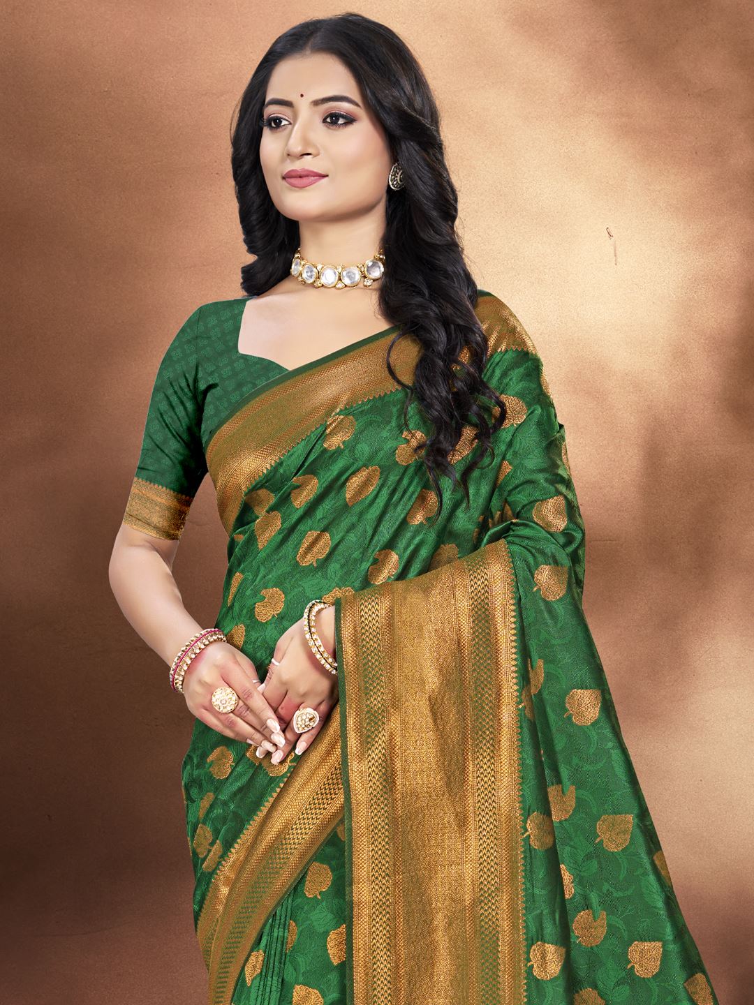 Bottle Green Silk Blend Traditional Woven Work Saree