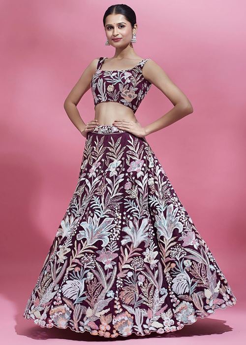 Breathtaking Wine Sequins Soft Net Function Wear Lehenga Choli