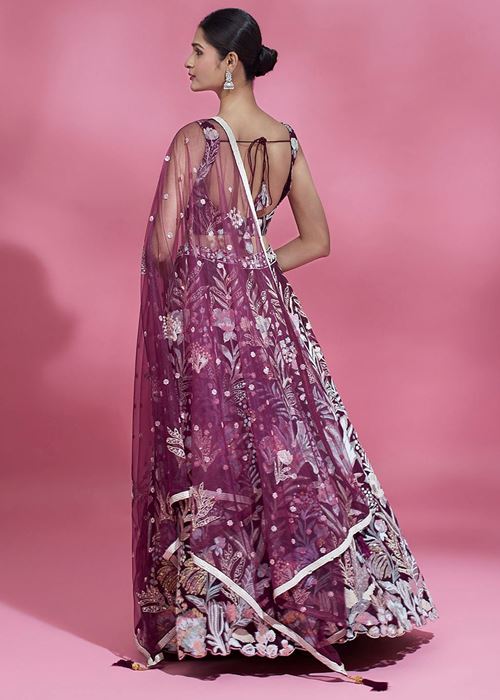 Breathtaking Wine Sequins Soft Net Function Wear Lehenga Choli