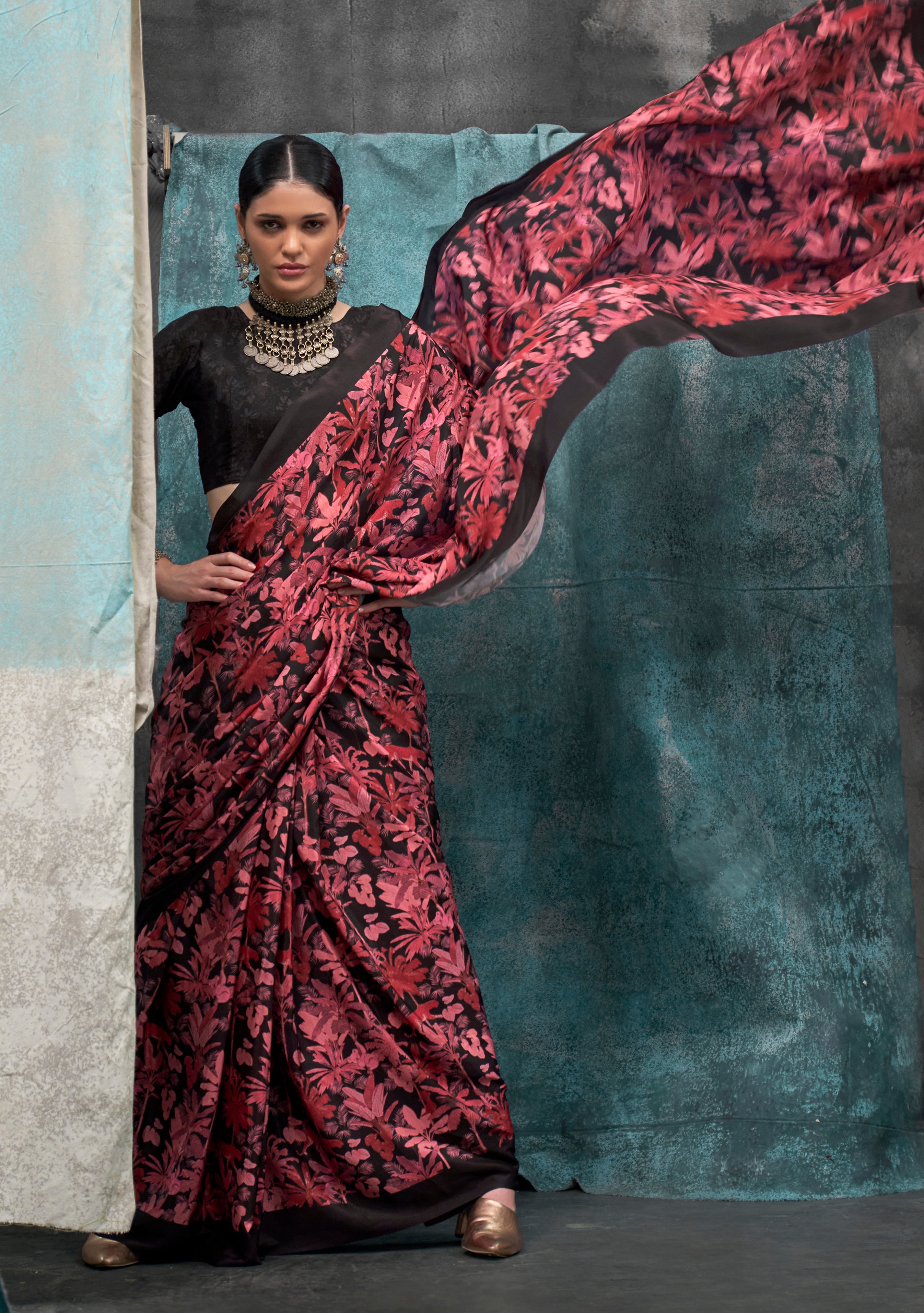 Brick Crape Saree With Digital Print