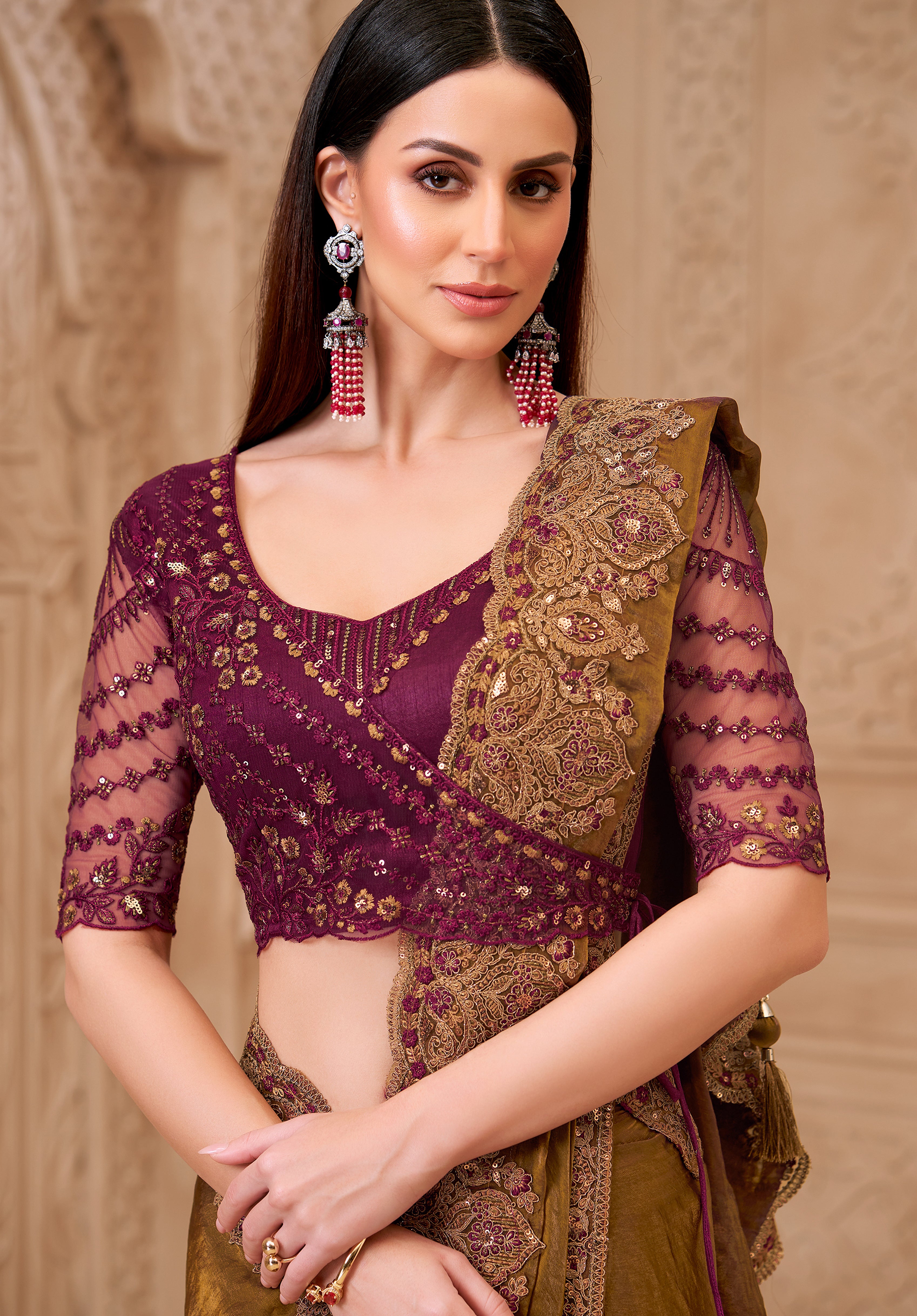 Bronze Saree With Heavy Thread Embroidery Sequins Border Work With Embroidery Blouse
