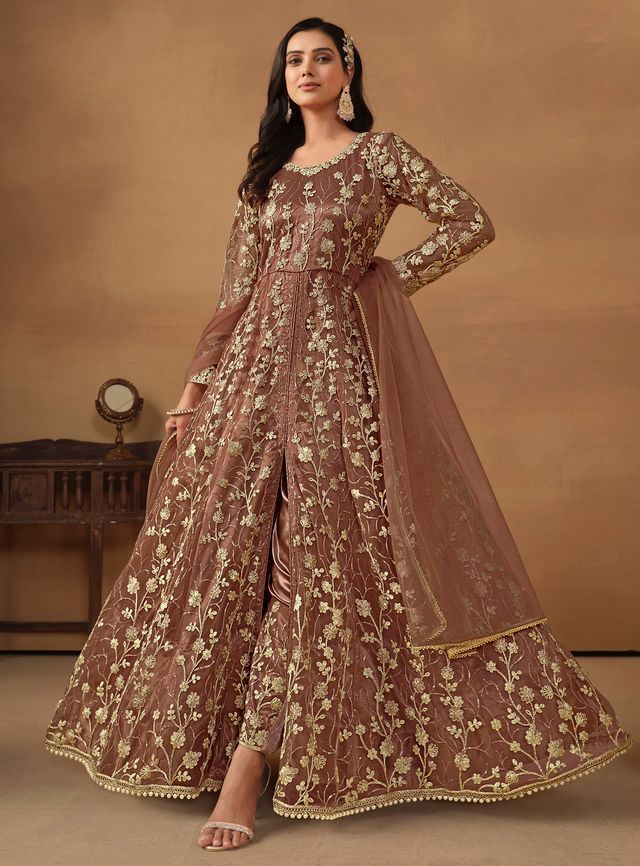 Brown Anarkali Suit With Heavy Thread Embroidery With Sequis Work
