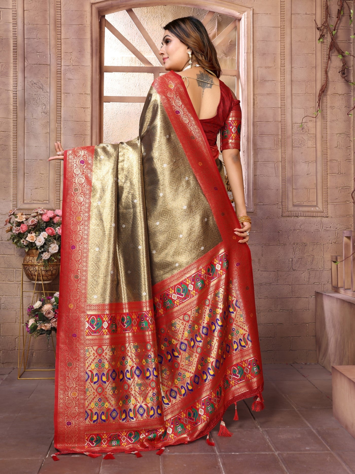 Brown Banarasi Tissue Silk Saree With Traditional Weaving