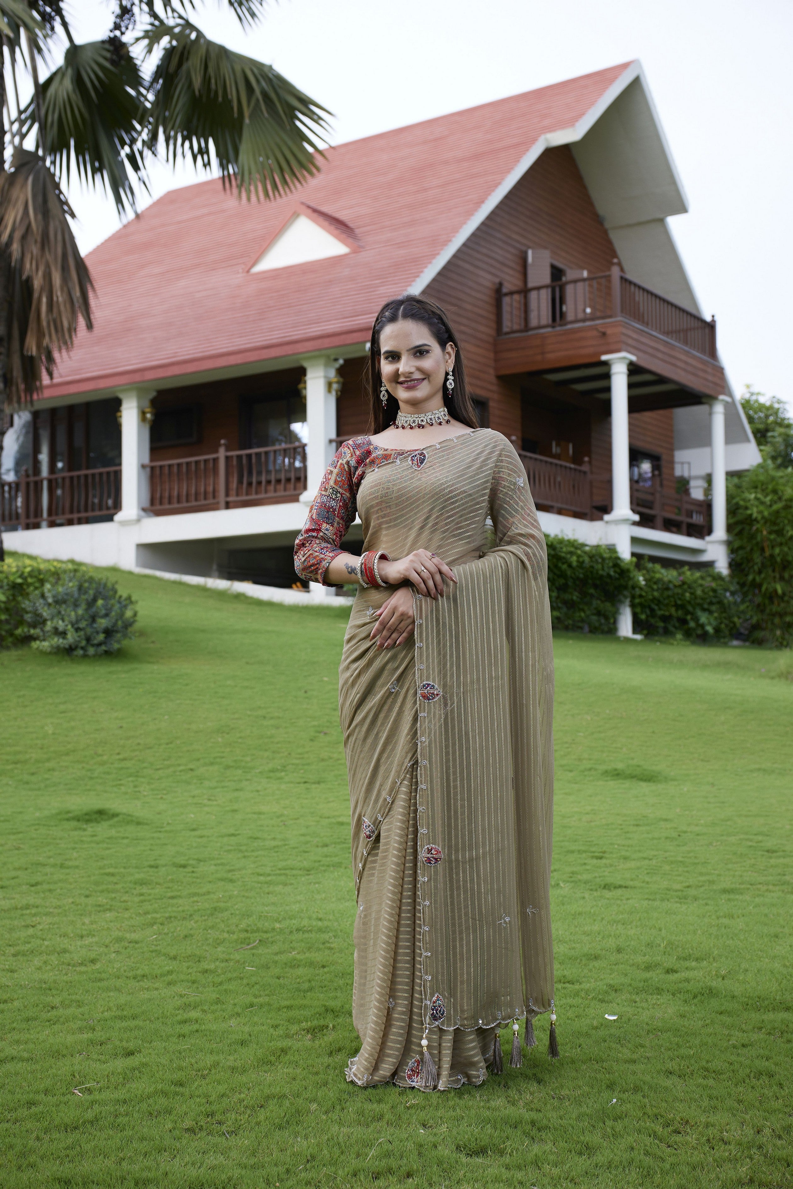 Brown Beautiful Designer Girlie Trendy Saree