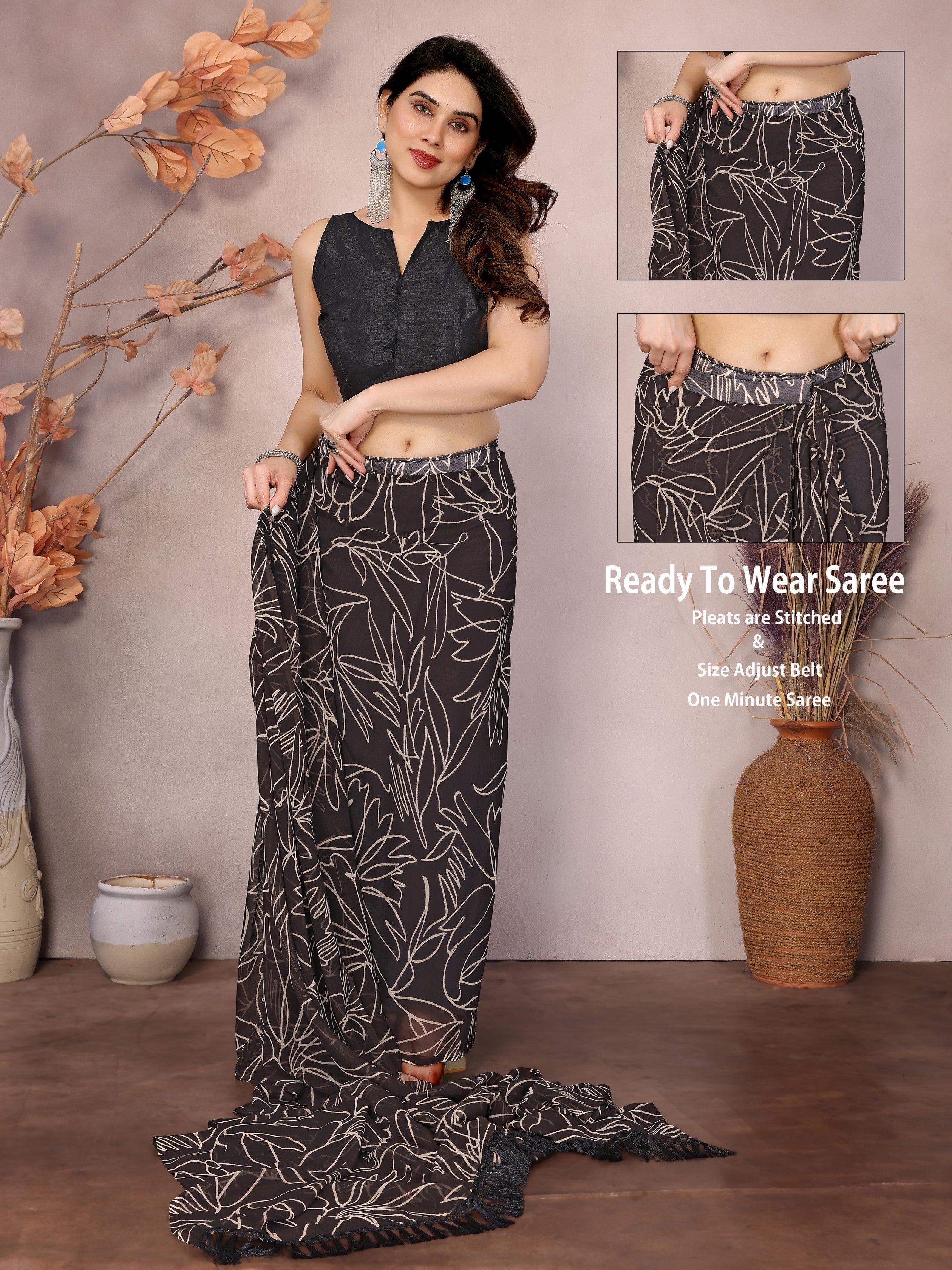 Brown Beautiful Designer Printed Ready To Wear Saree For Fancy Looks