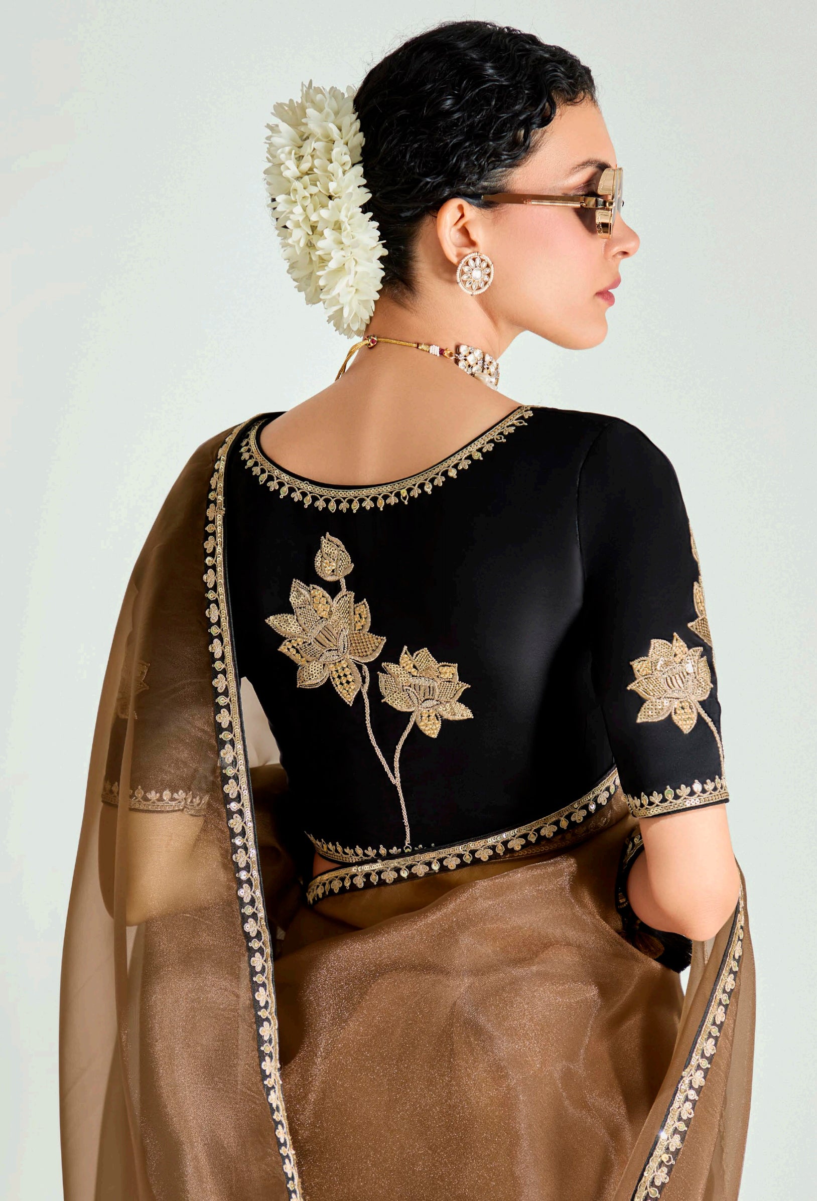 Brown Black Organza Saree with Embroidered Blouse
