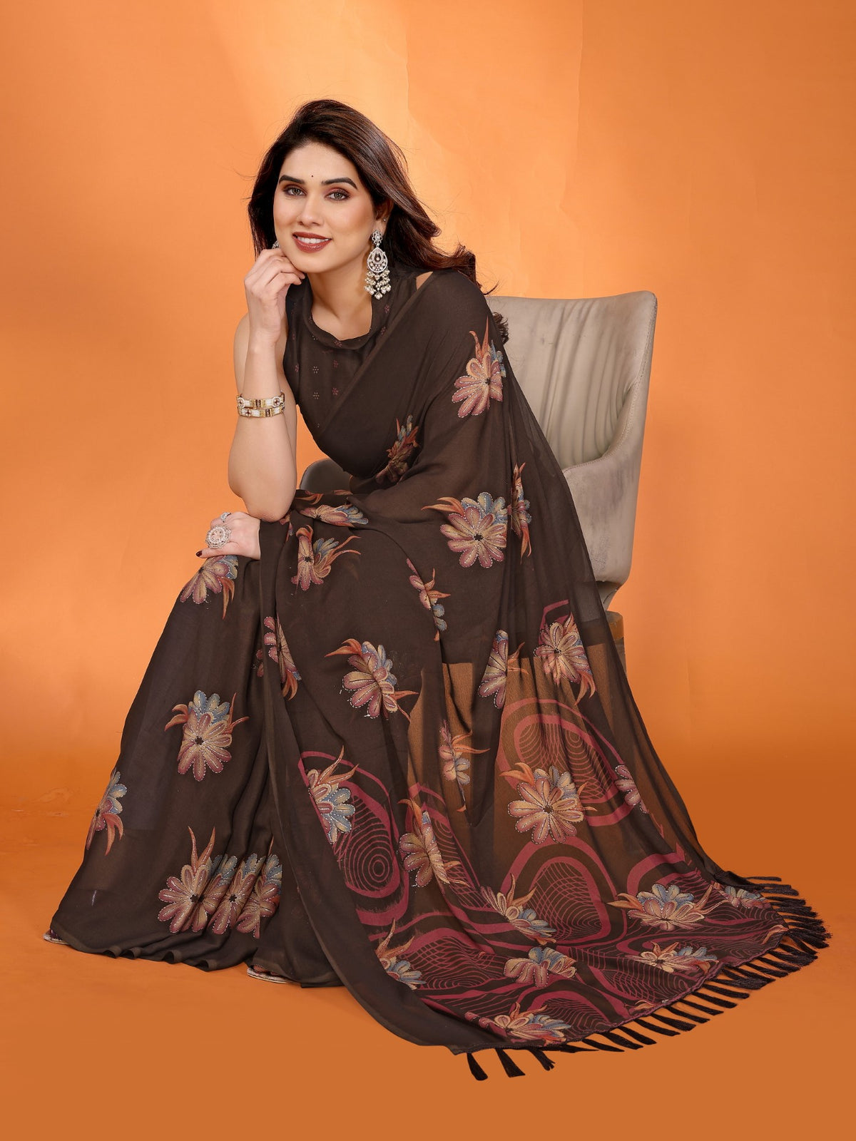 Brown Bright Moss Satin Patta Saree With Printed Design