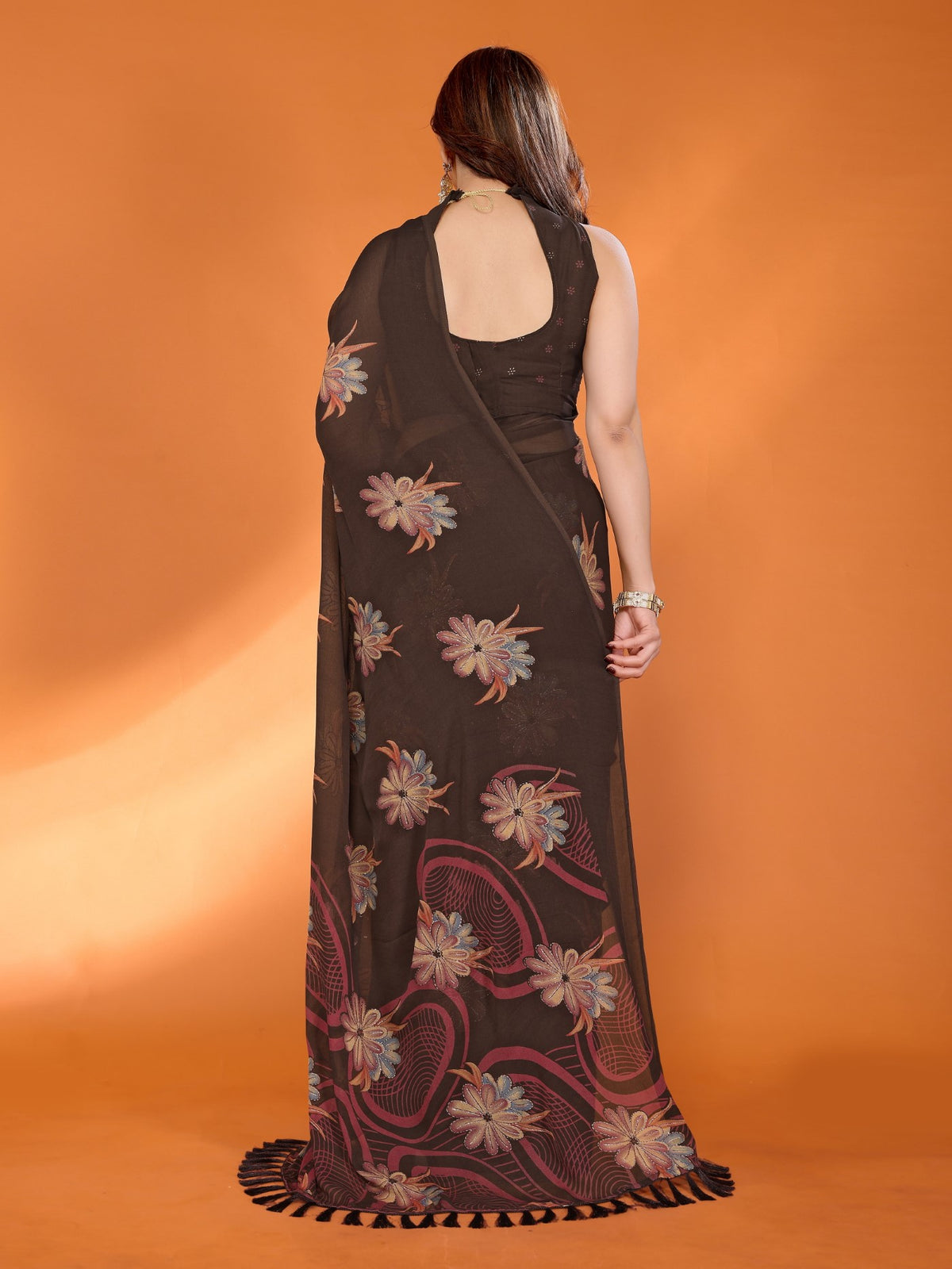 Brown Bright Moss Satin Patta Saree With Printed Design