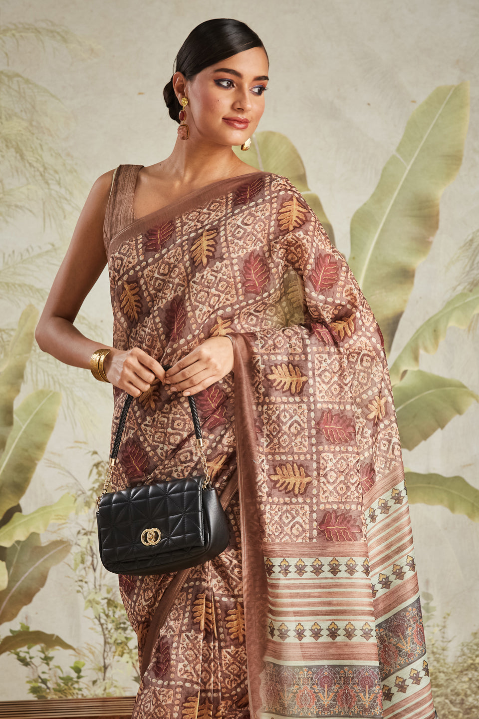 Brown Chanderi Cotton Festive Wear Saree With Smart Digital Print
