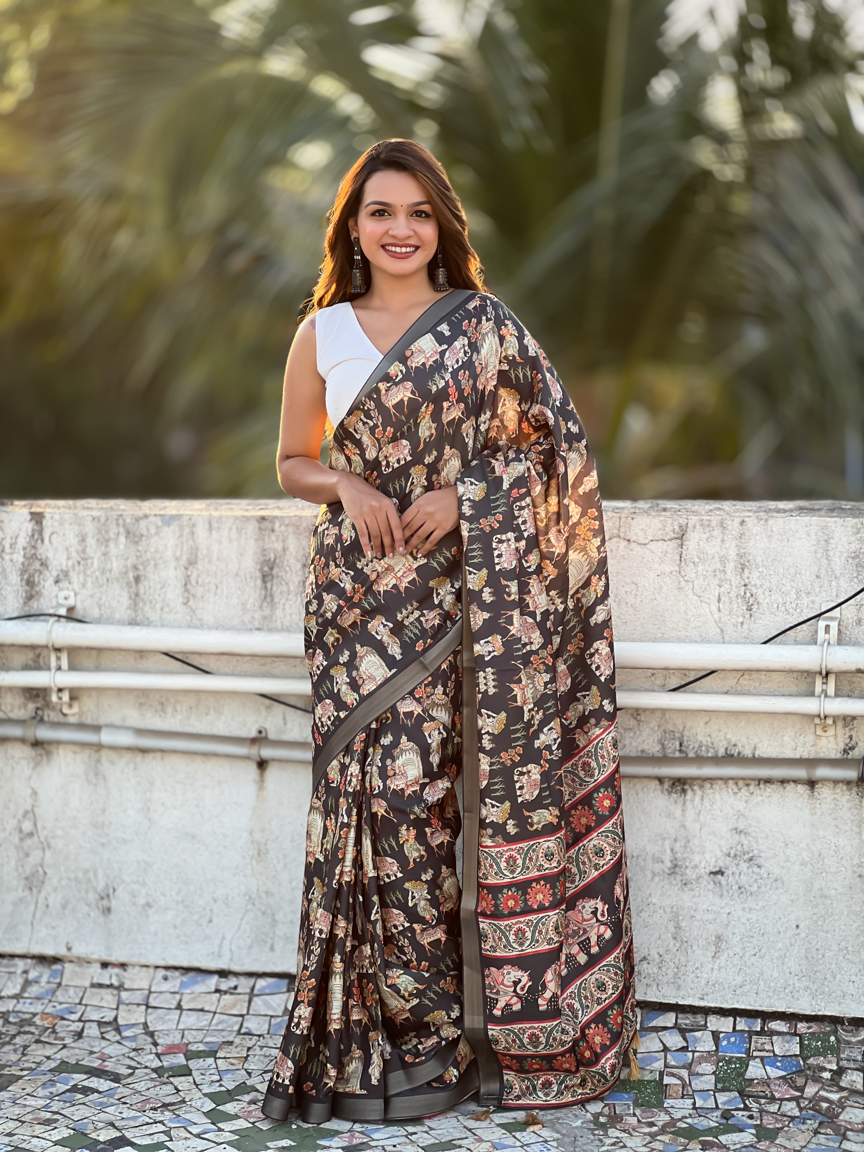 Brown Classic Tussar Silk Saree With Woven And Designer Print Work