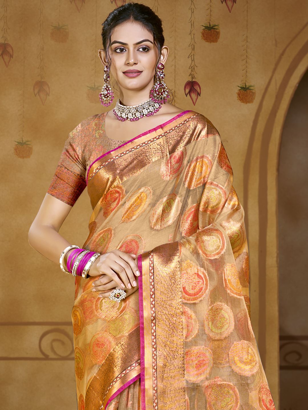 Brown Color Organza Silk Saree