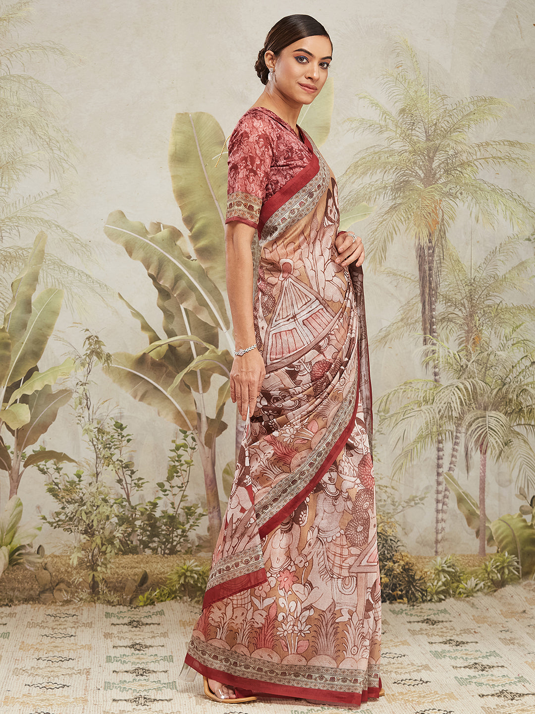 Brown Cotton Silk Designer Digital Printed Ethnic Ceremonial Saree