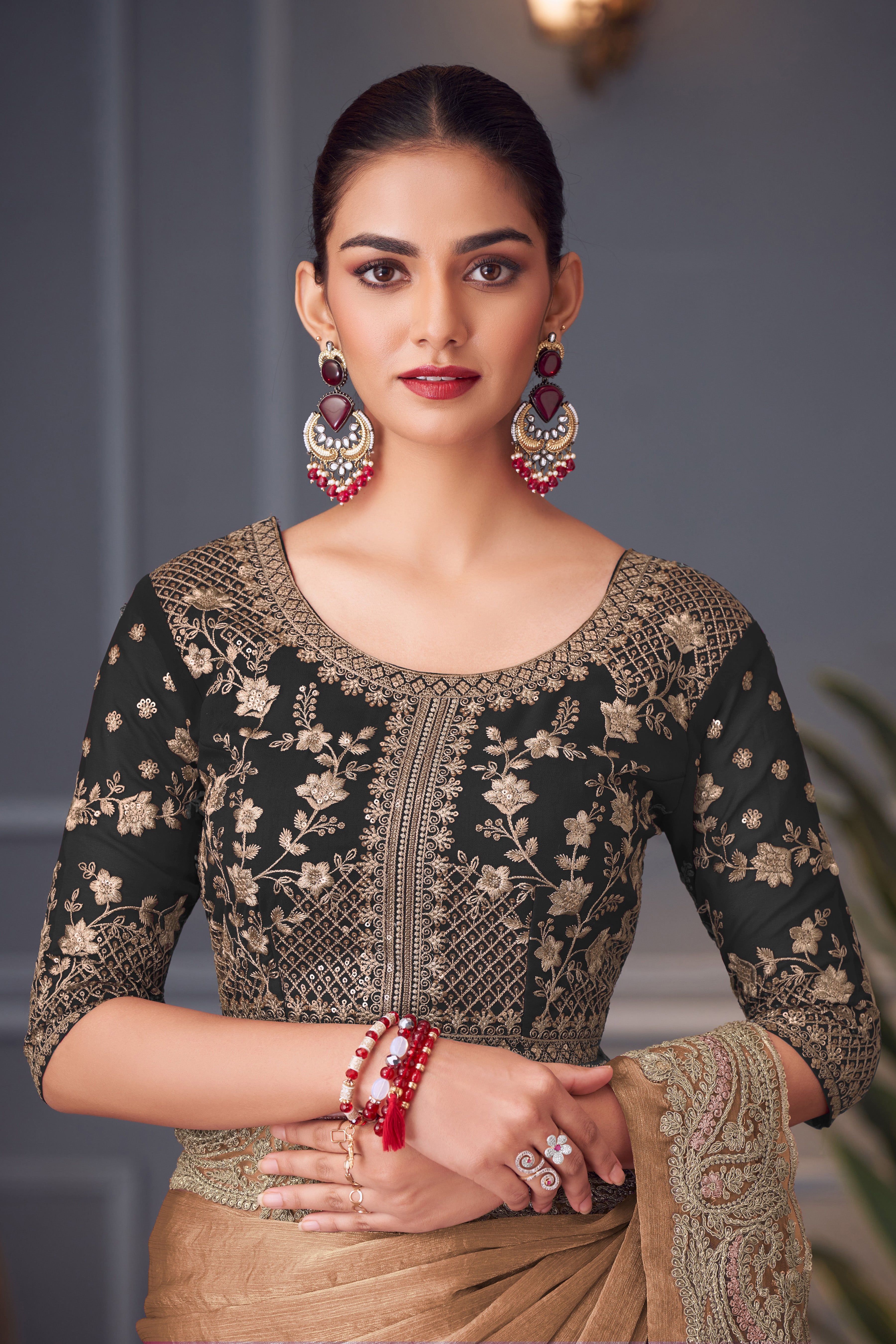 Brown Double Tone Silk Saree with Thread Sequins Work