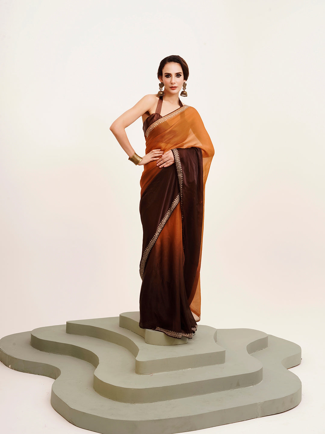 Brown Embellished Beads And Stones Chiffon Saree For Beautiful Partywear Saree