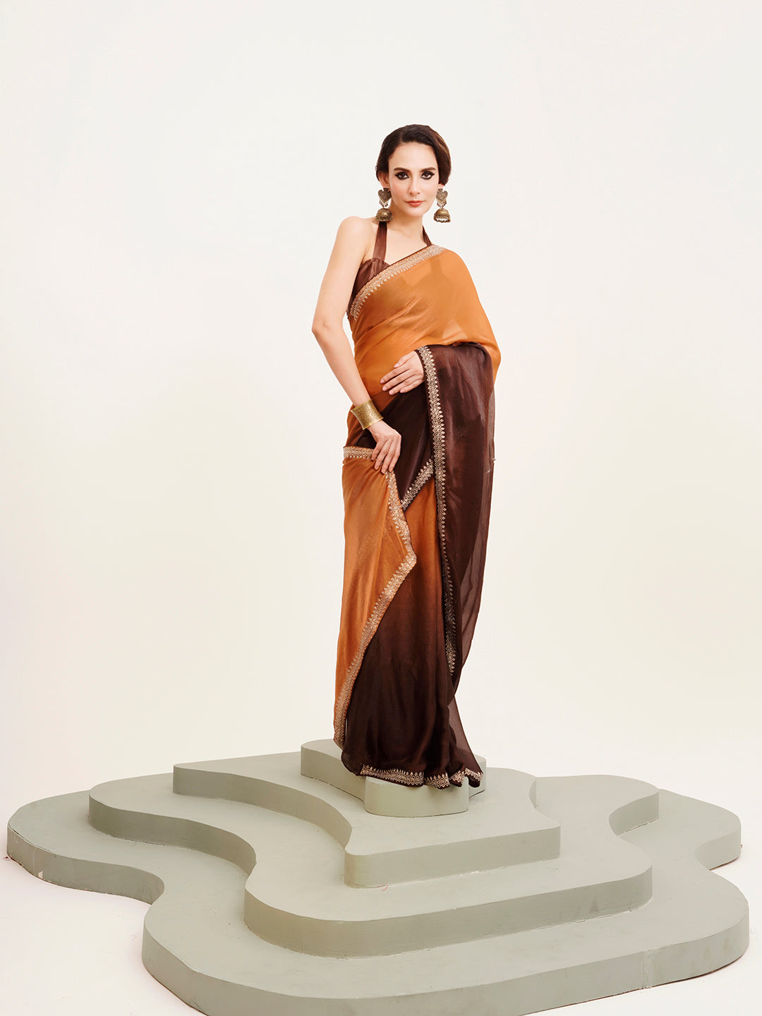 Brown Embellished Beads And Stones Chiffon Saree For Beautiful Partywear Saree