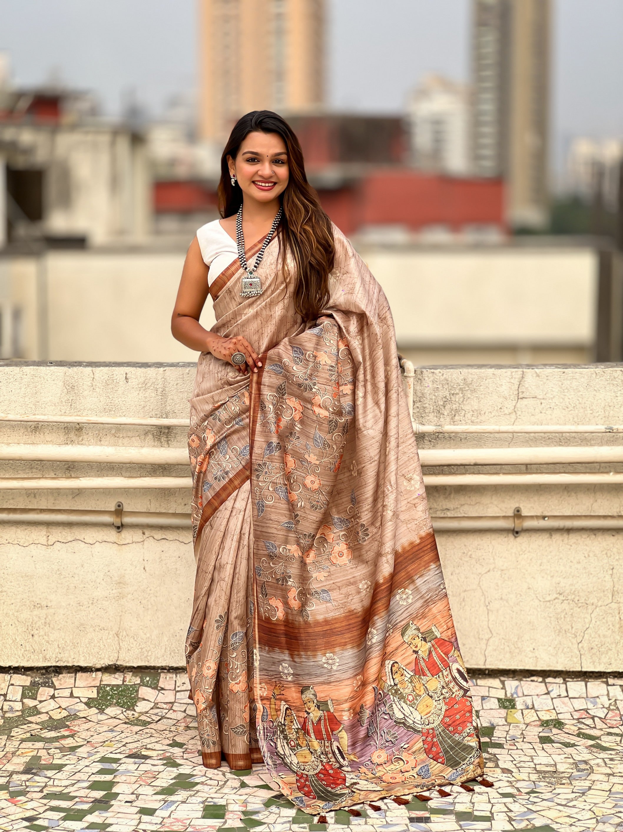 Brown Ethnic Katki Silk Woven Designer And Floral Printed Saree