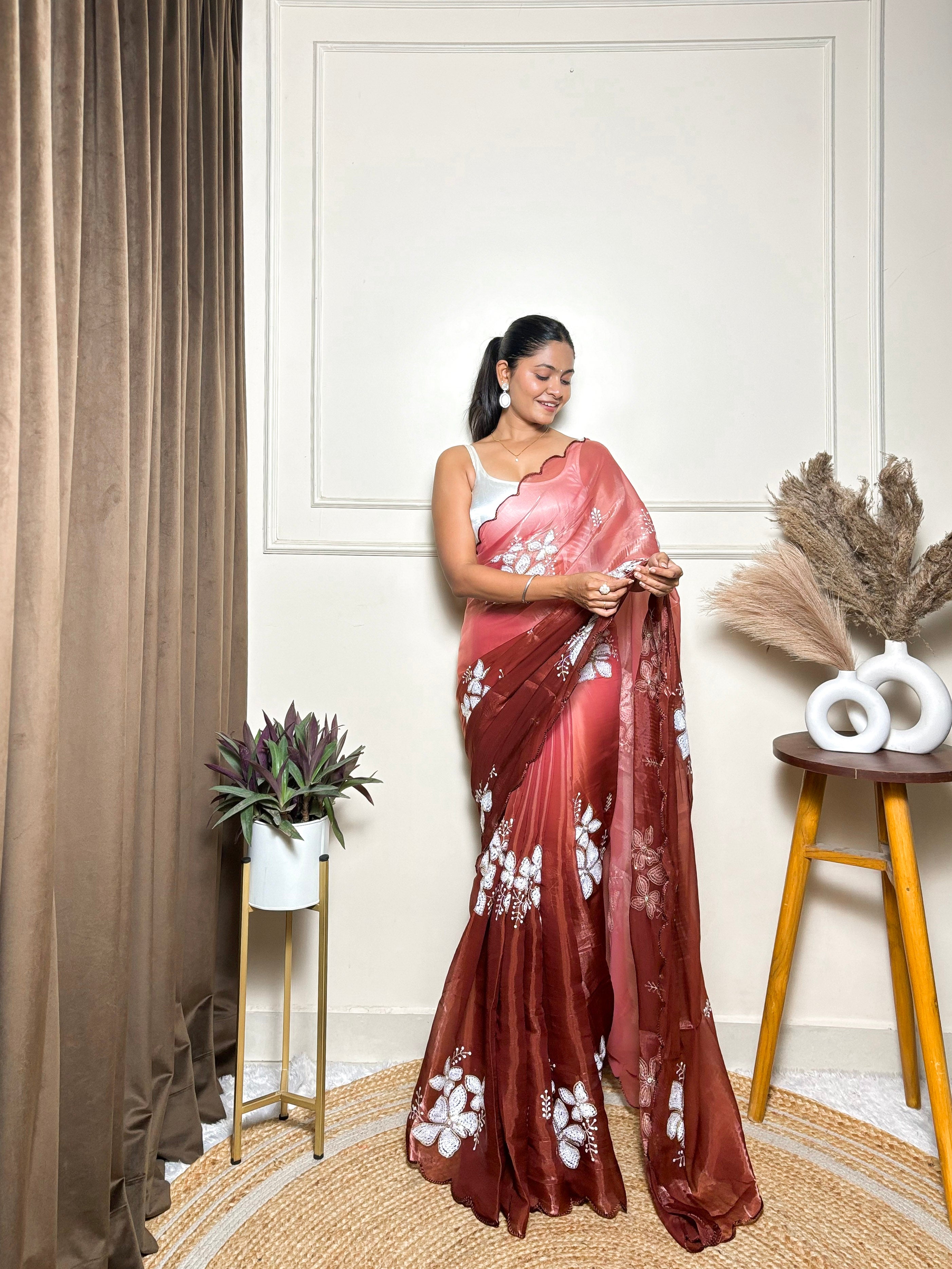 Brown Jimmy Choo Beautiful Sequins Embroidery Work Bollywood Saree