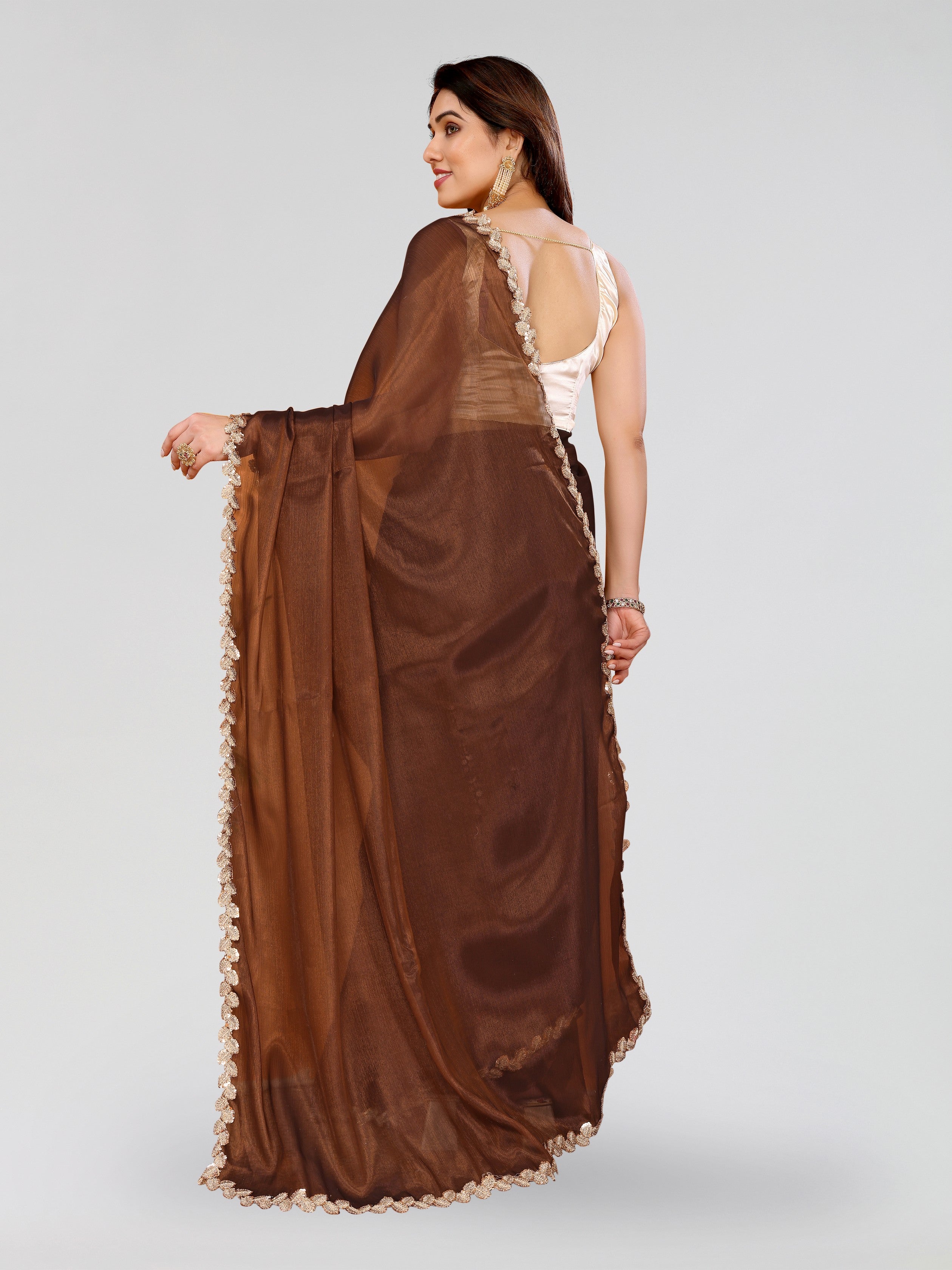 Brown Jimmy Choo Sequance Embroidery Cut Work Heavy Partywear Saree