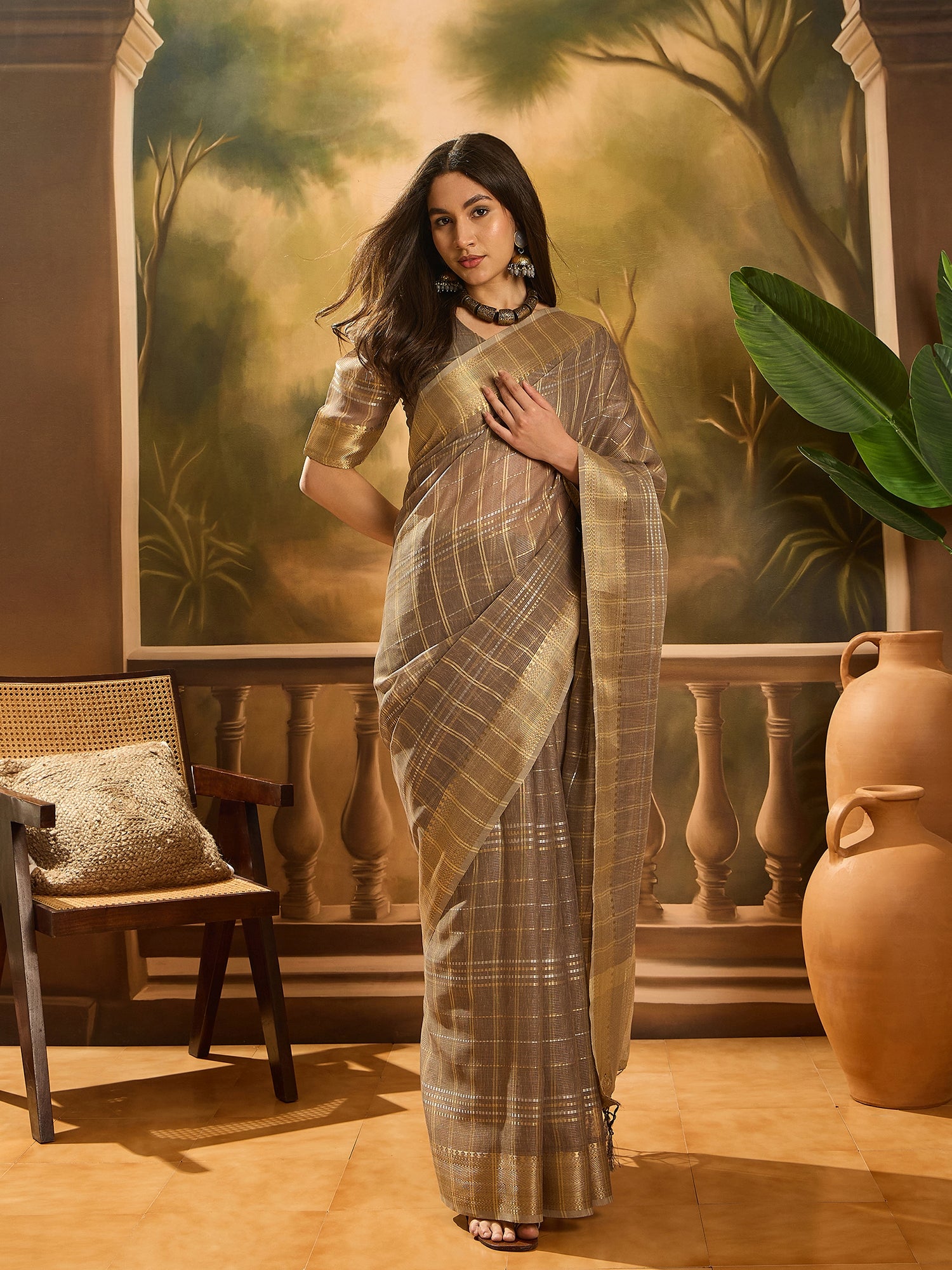 Brown Khadi Organza Woven Jacquard Designer Ethnic Traditional Festive Wear Saree