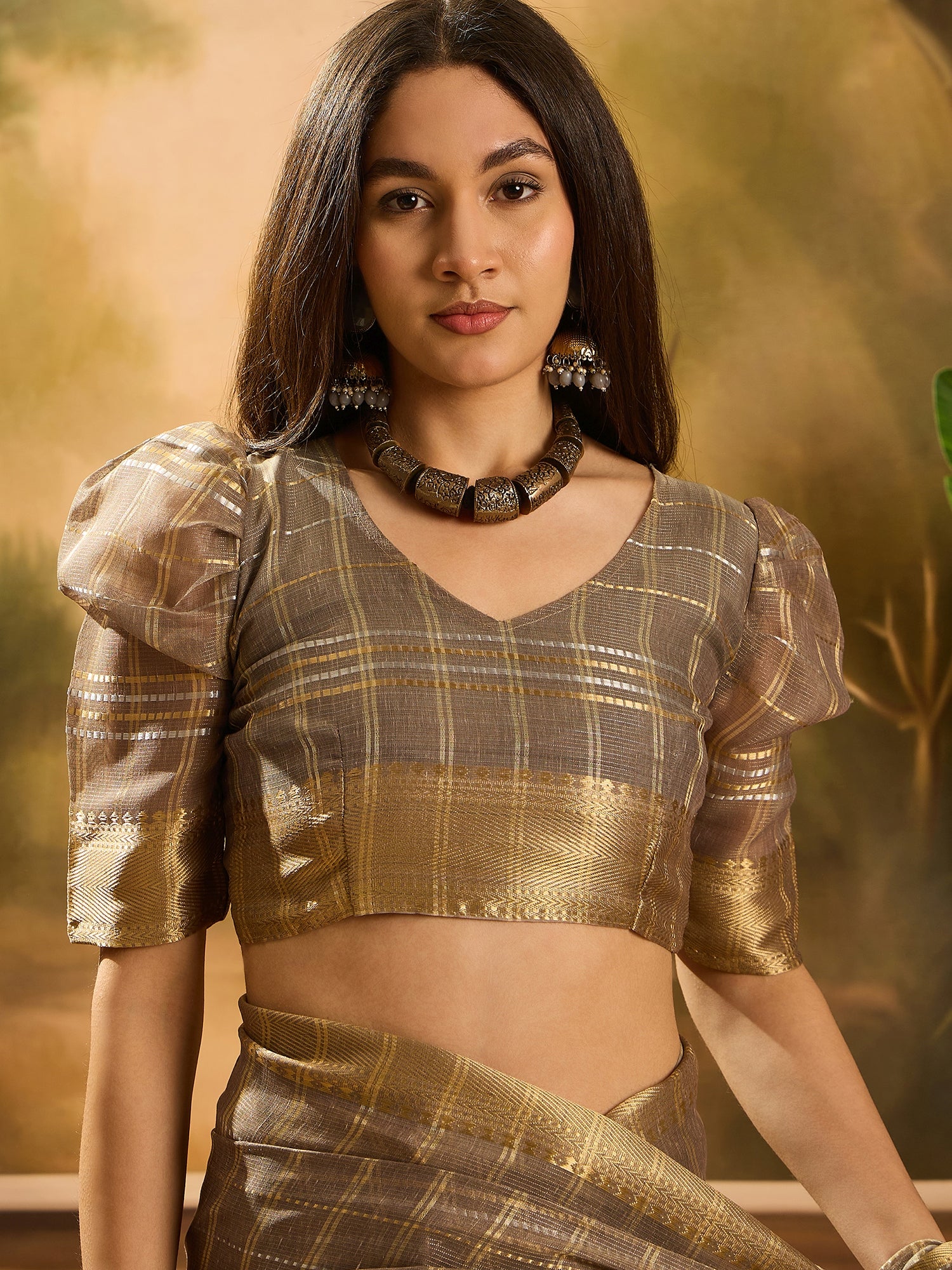 Brown Khadi Organza Woven Jacquard Designer Ethnic Traditional Festive Wear Saree