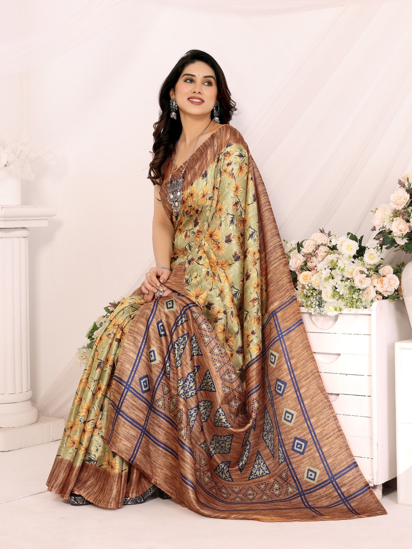 Brown Khadi Saree With Printed