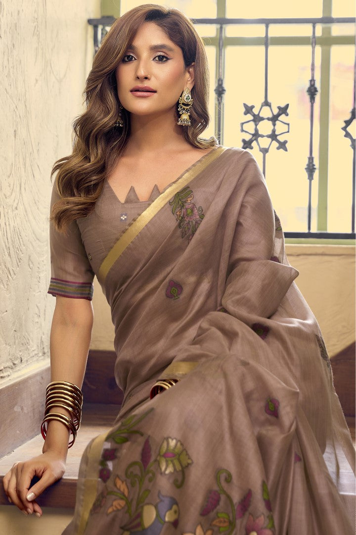 Brown Kolkata Cotton Saree with Designer Litchi Jari Work