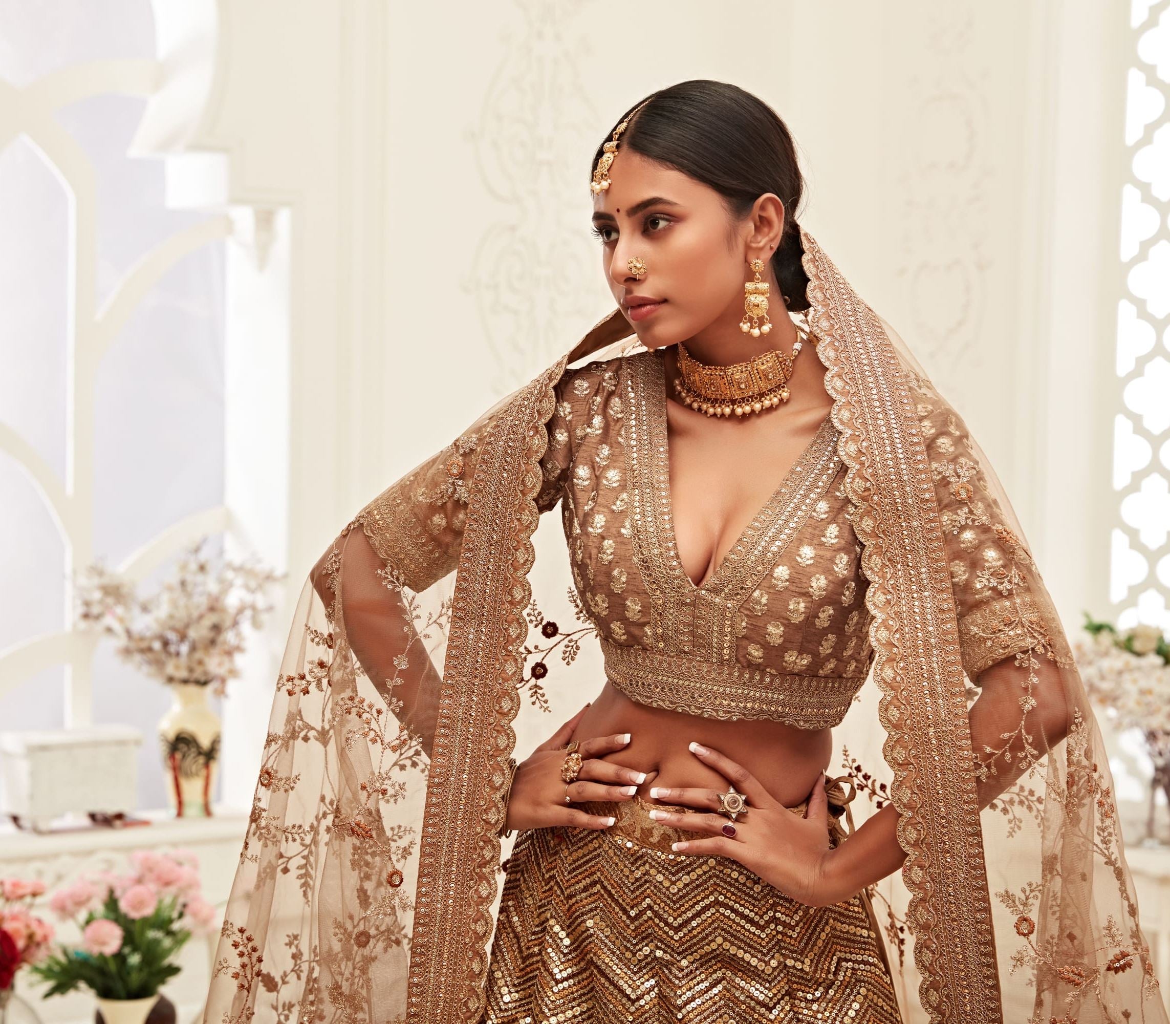 Brown Lehenga Choli With Thread, Zari, Dori And Sequins Embroidery Work