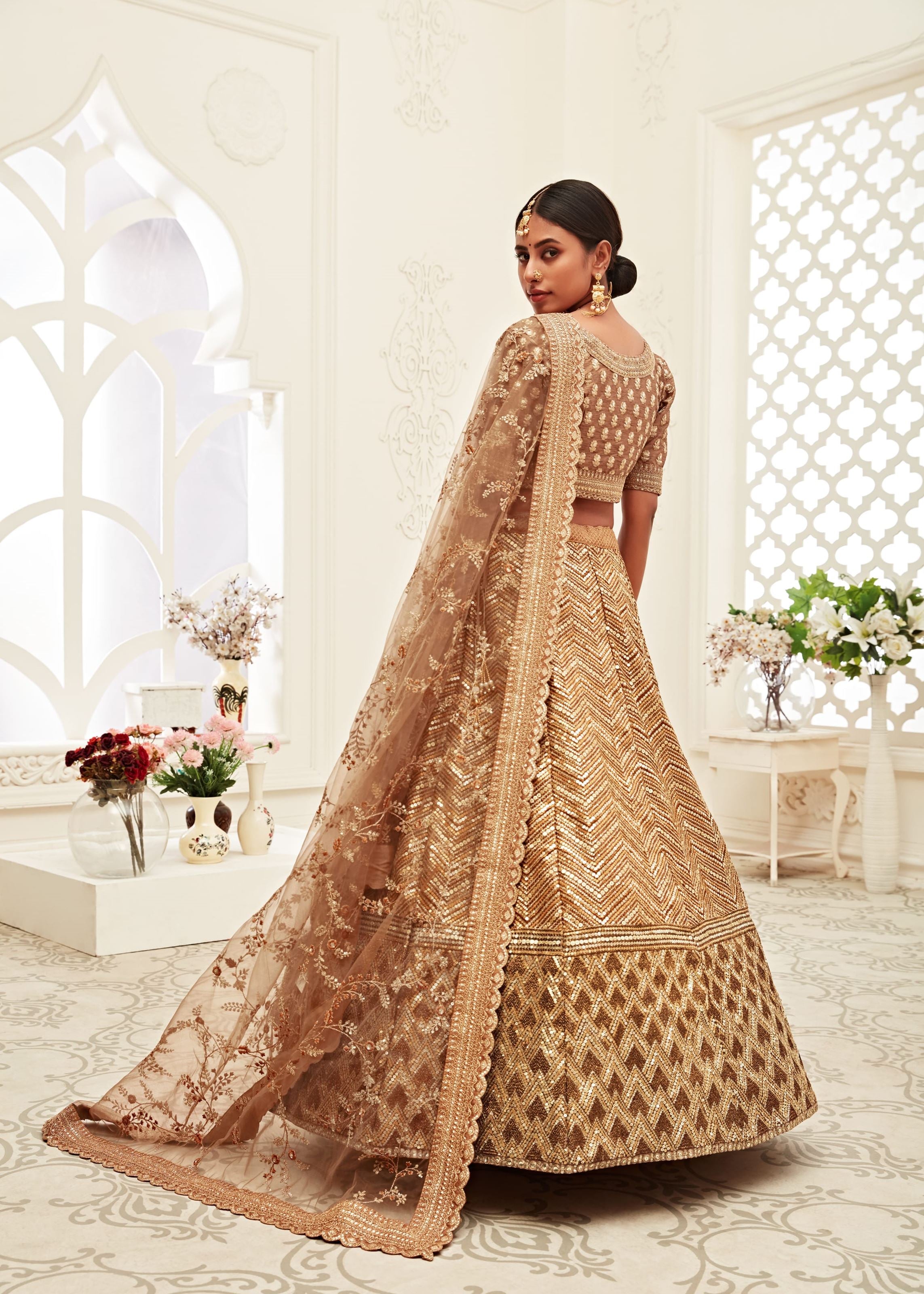 Brown Lehenga Choli With Thread, Zari, Dori And Sequins Embroidery Work