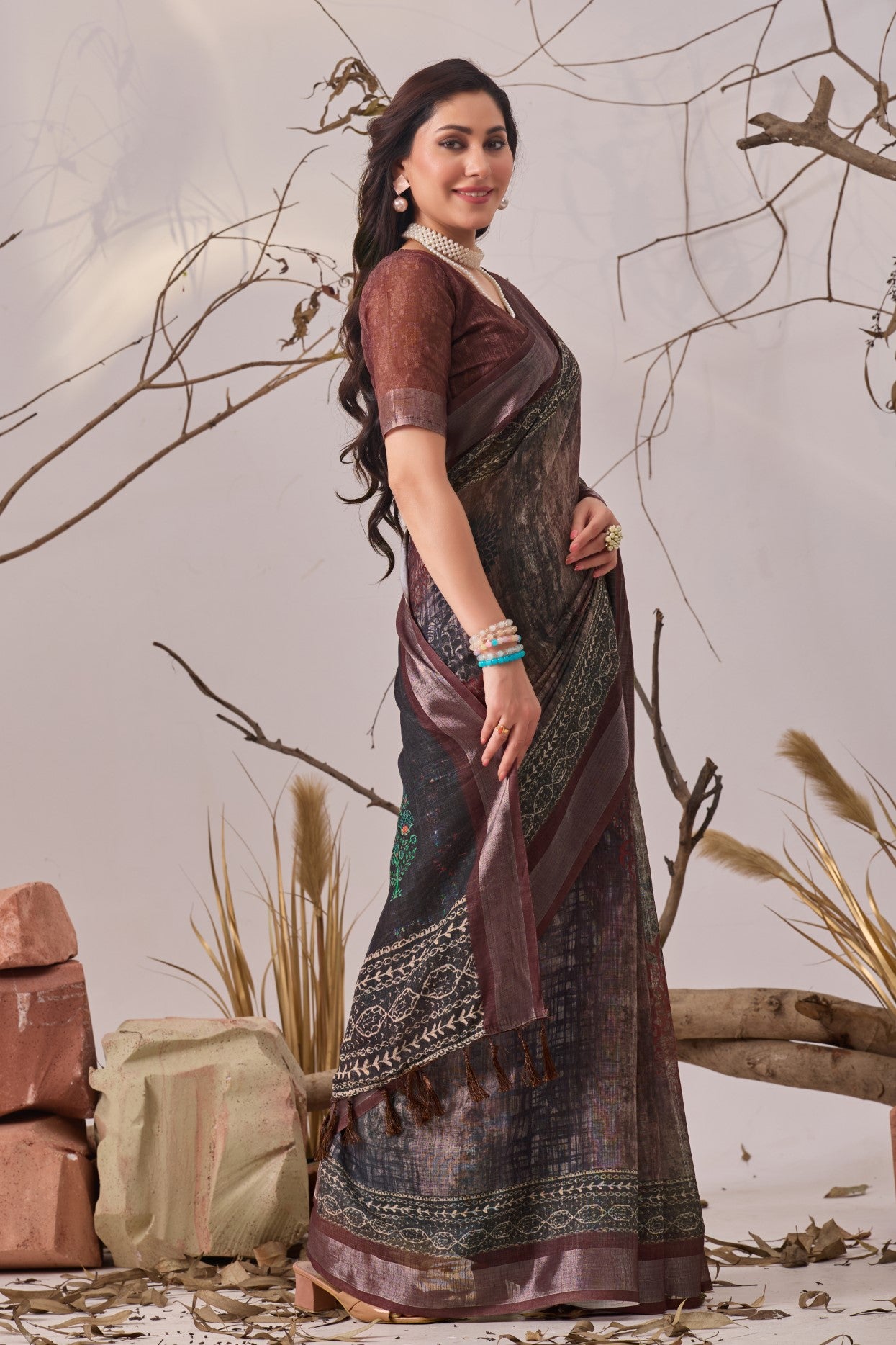 Brown Linen Cotton Saree with Digital Print